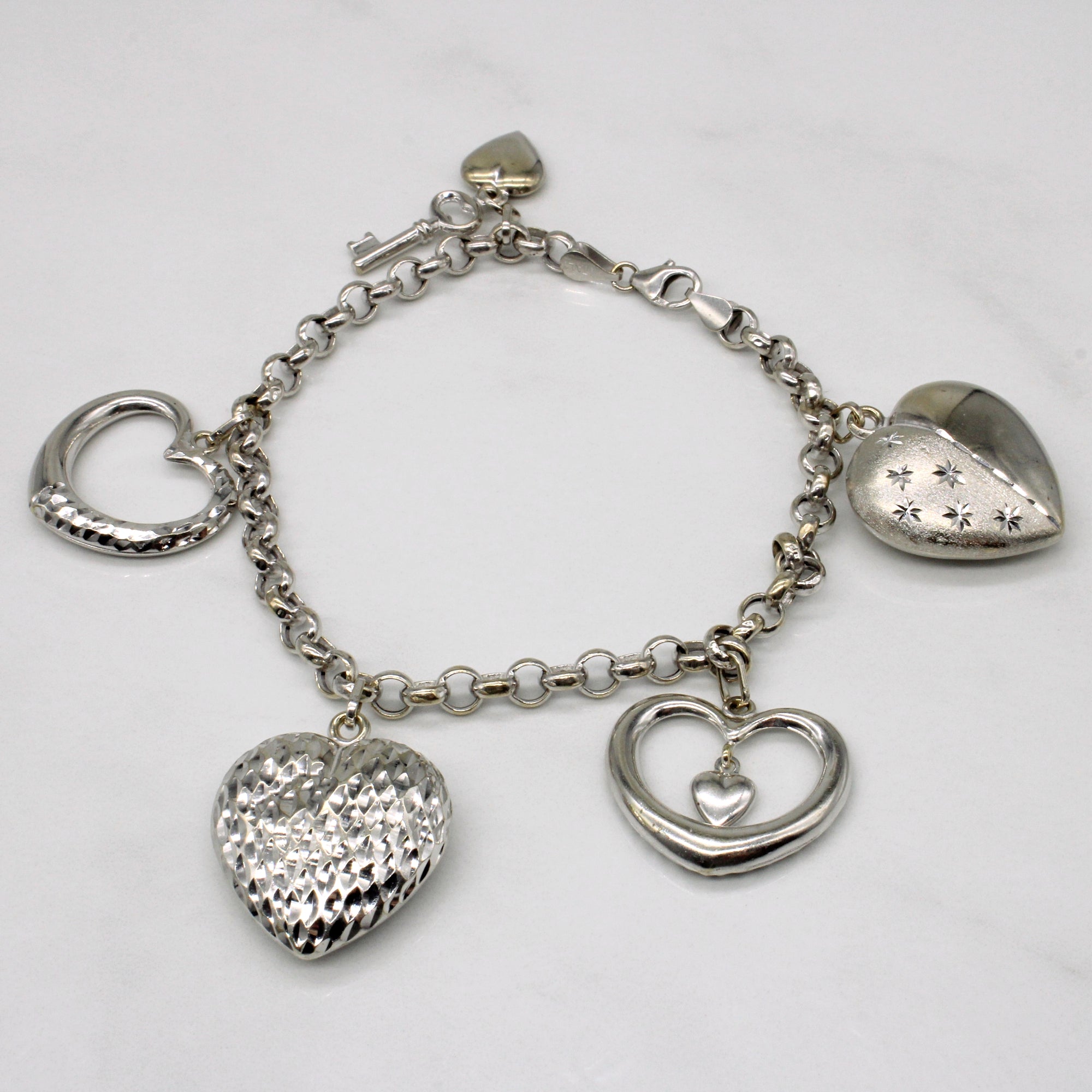 14K White Gold Heart Charm Bracelet | One Size | Bracelets Charm Bracelets