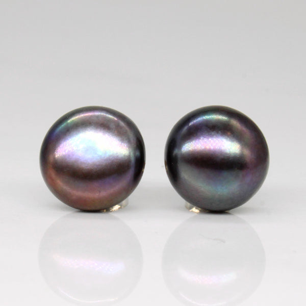 Black Button Pearl Stud Earrings