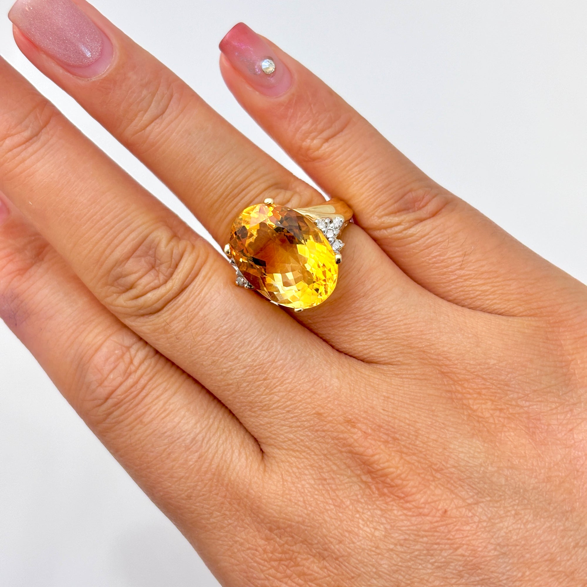 14k Yellow Gold Citrine and Diamond Cocktail Ring | 10.74ct, 0.15ctw | SZ 5.75