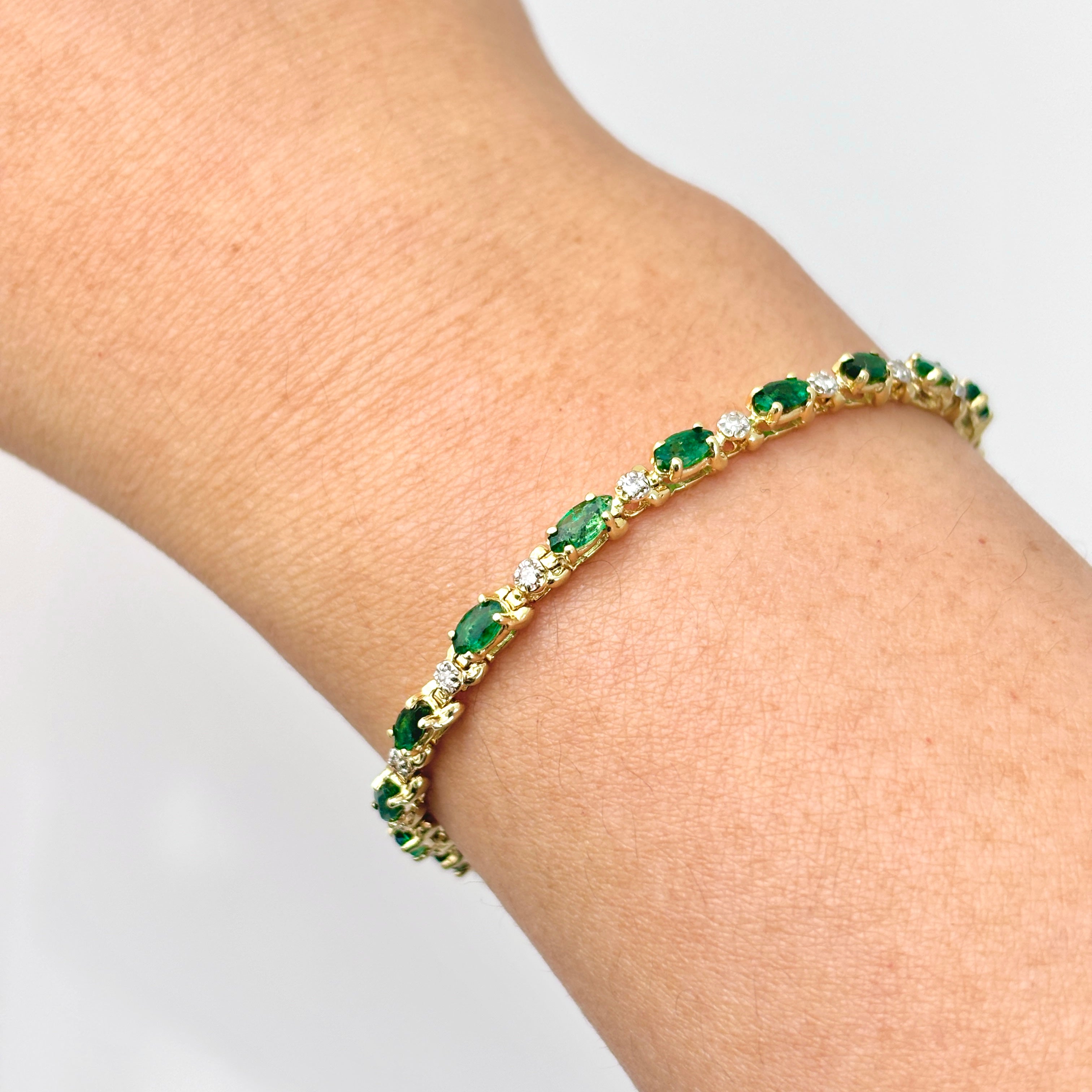 14k Yellow Gold Emerald and Diamond Bracelet | 2.69ctw, 0.24ctw | 7"
