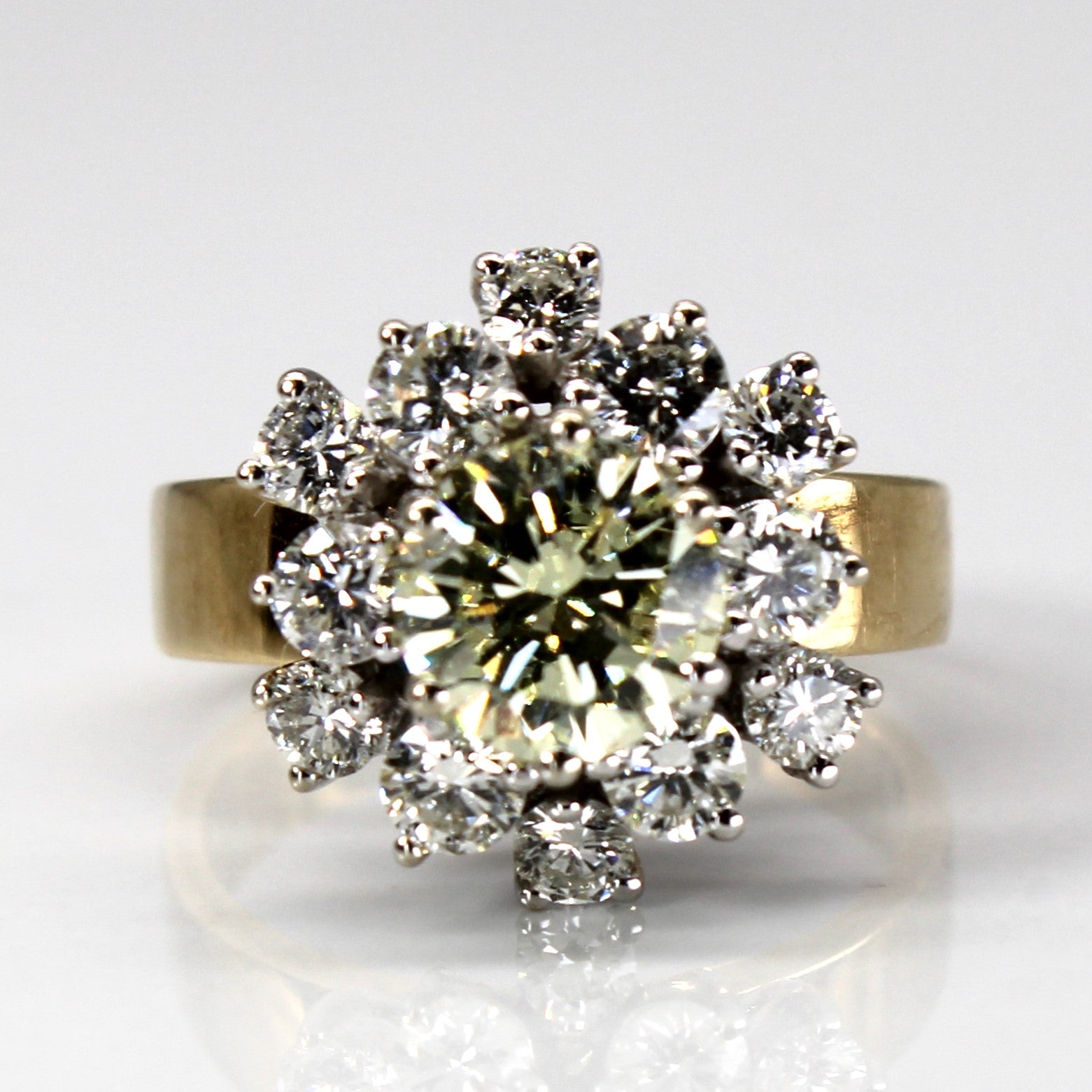 Yellow Diamond and Diamond Cluster 14k Ring | 0.36ctw, 0.44ctw 0.20ctw  | SZ 5.5 |
