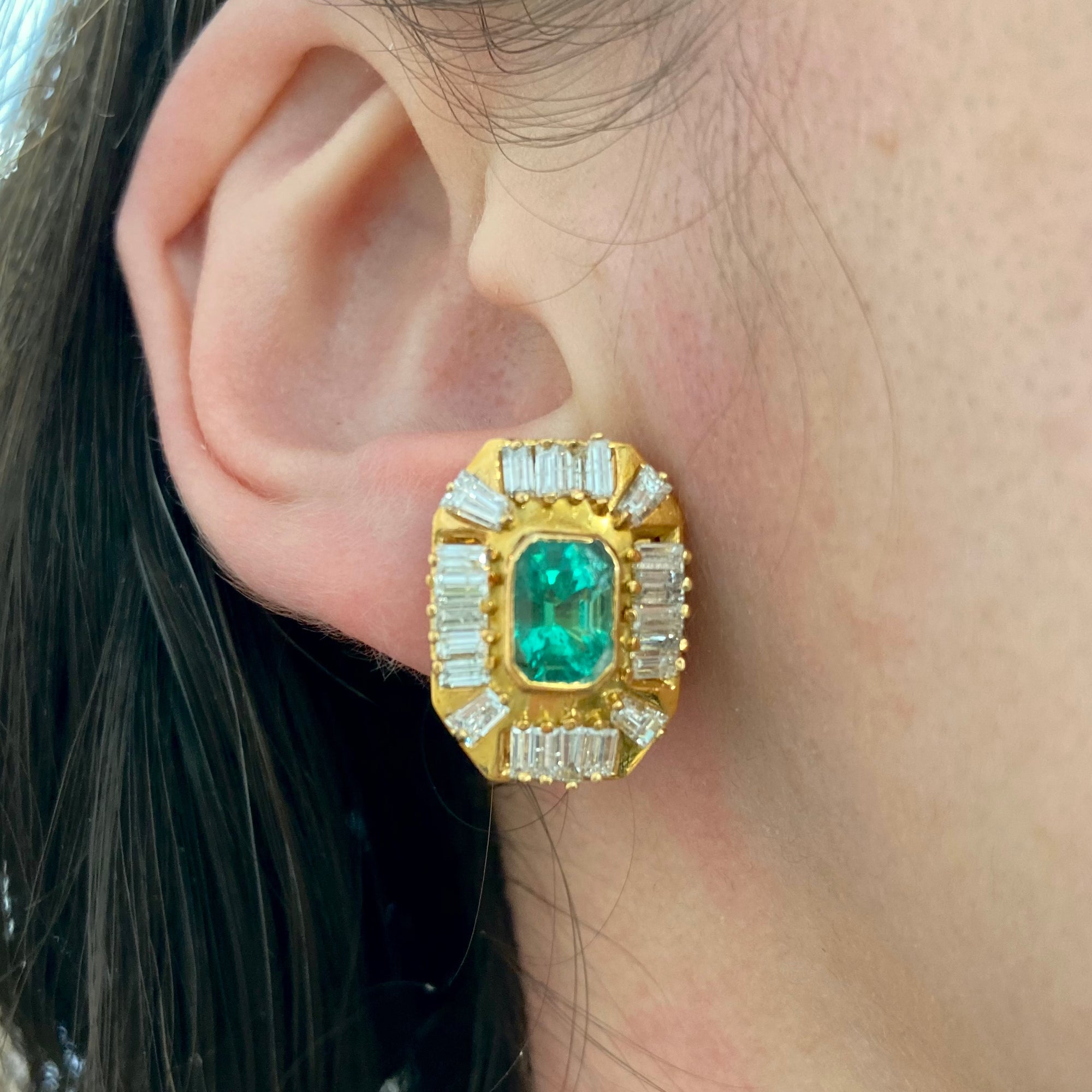 Emerald & Baguette Diamond Halo Earrings | 2.50ctw, 2.1ctw