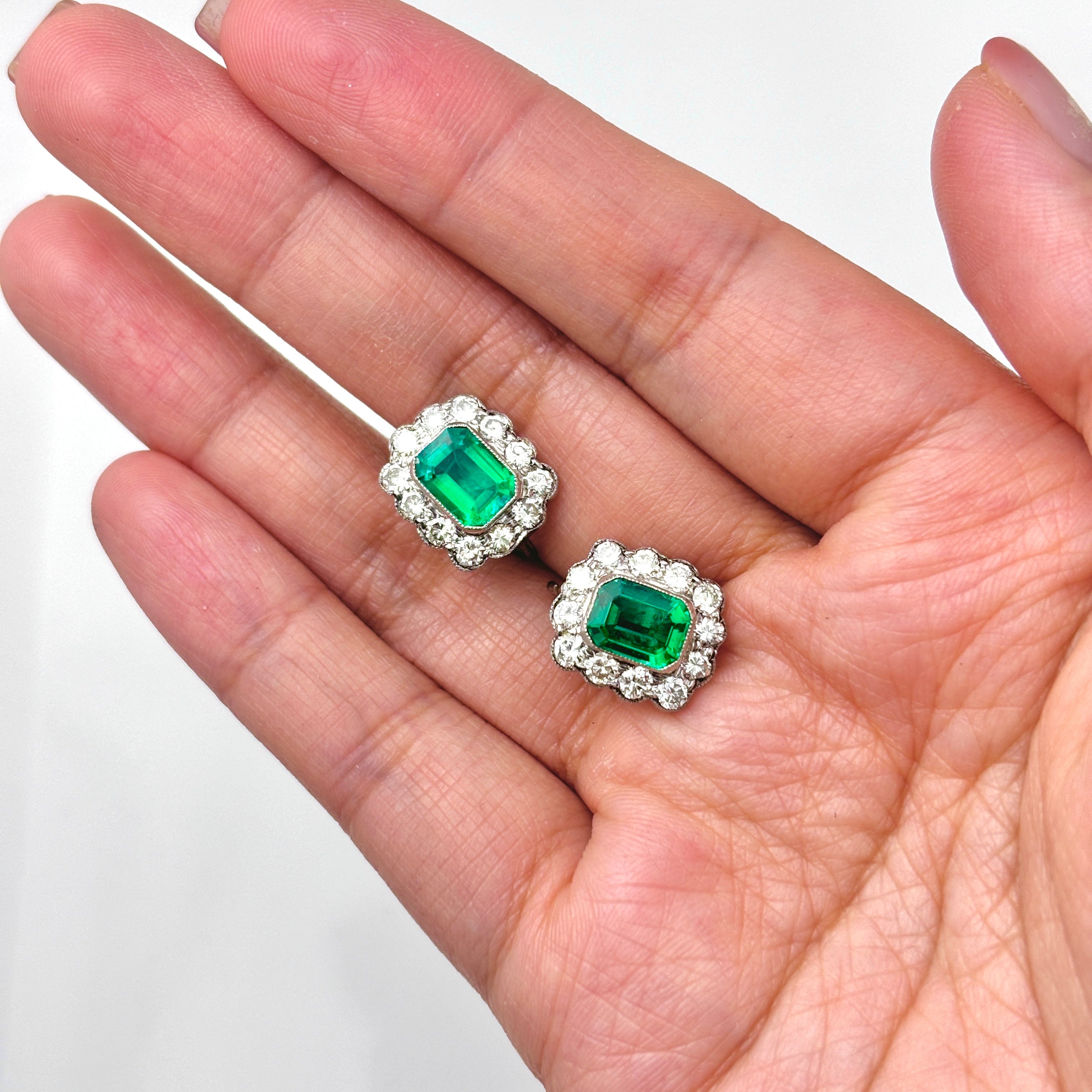 Platinum Synthetic Emerald and Diamond Earrings | 3.28ctw, 1.33ctw | 1.2x1.3cm