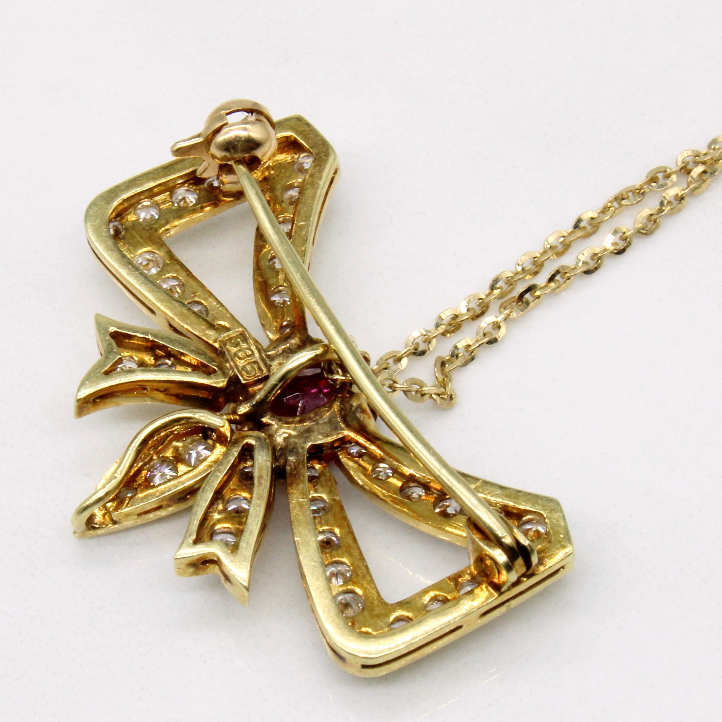 Ruby & Diamond Bow Modified Pendant & Brooch Necklace | 1.09ct, 0.76ctw | 20" |