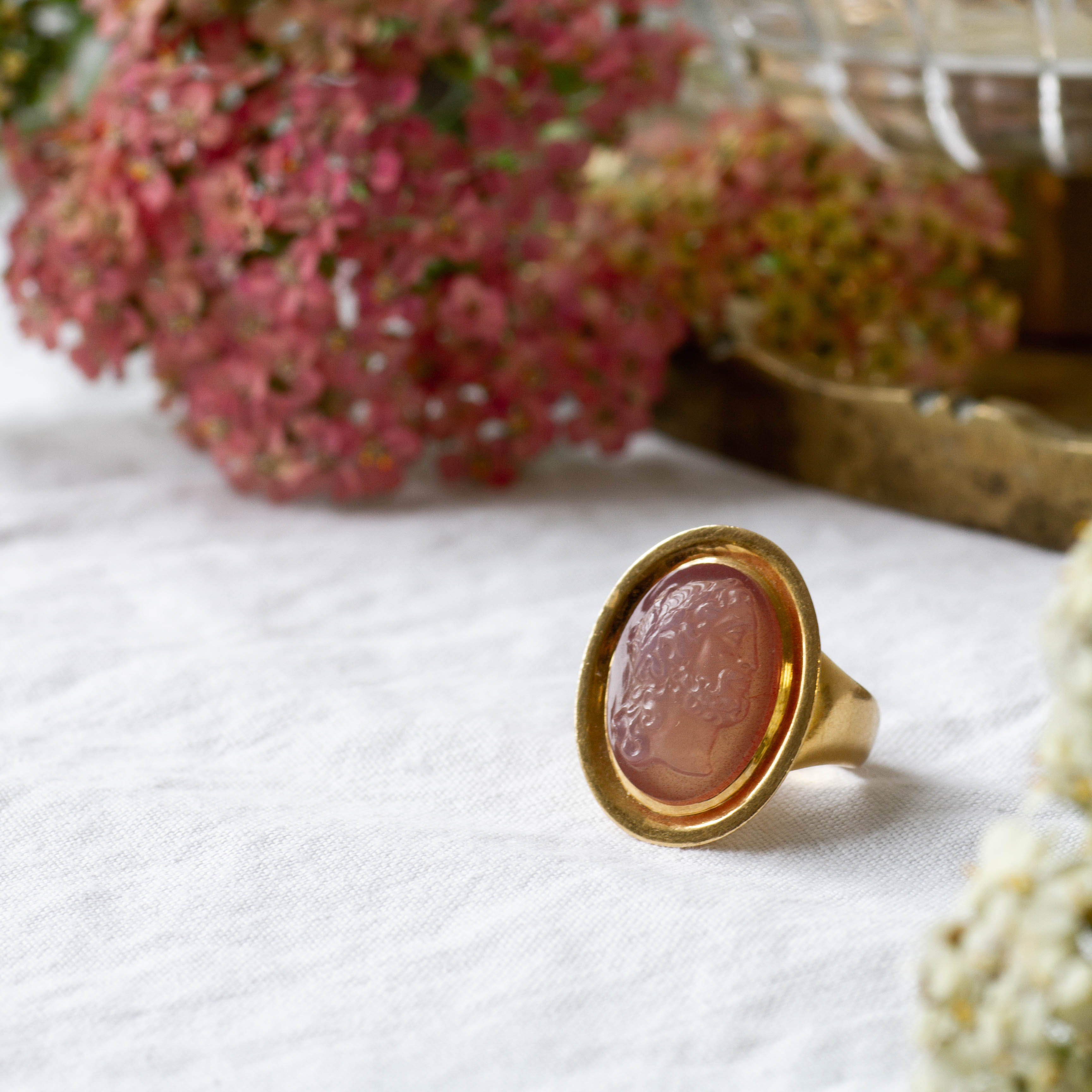 French Hallmarked Carved Rose Quartz Portrait Ring | 8.75ct | SZ 4 |