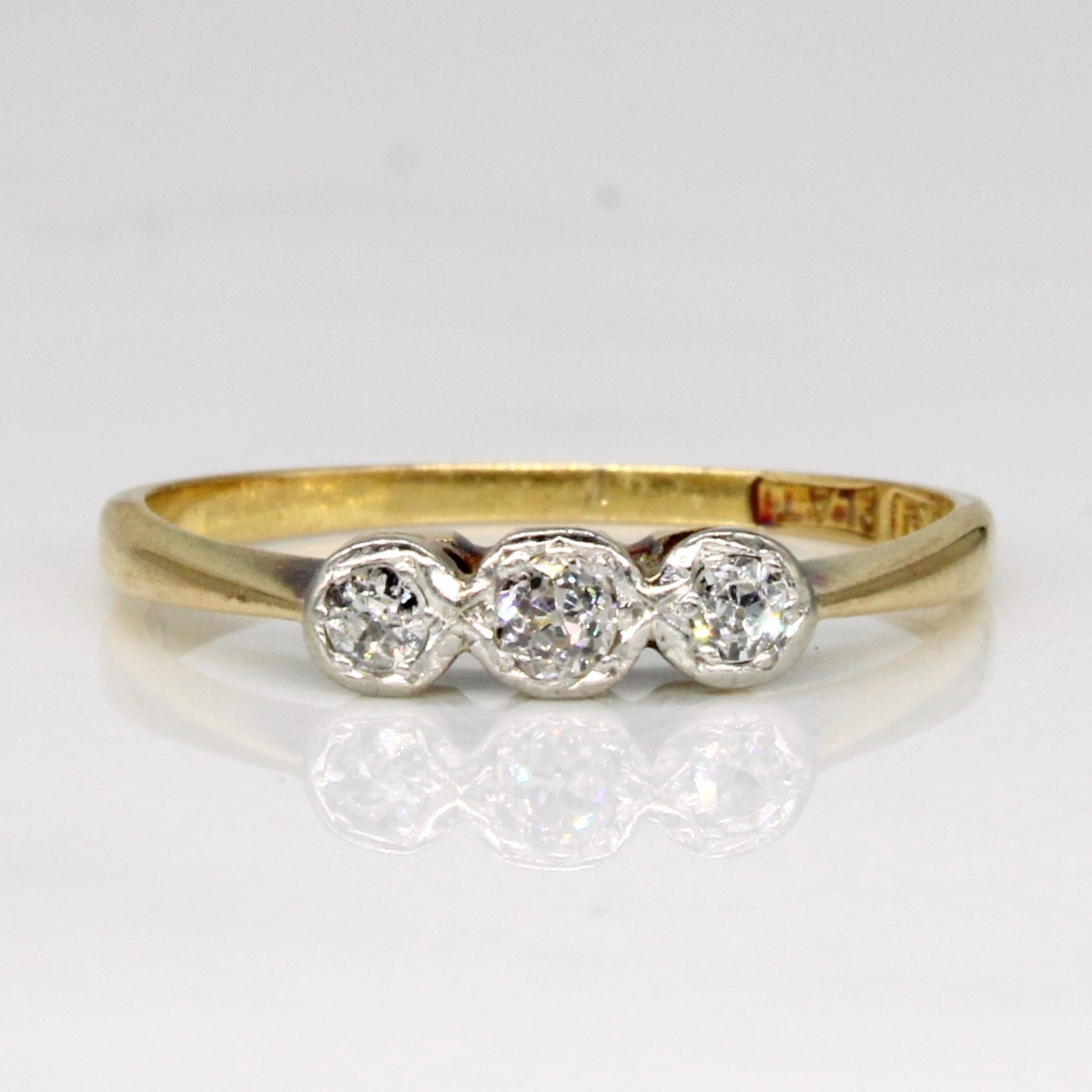 Antique Three Stone Old European Cut Diamond Ring in 18k and Platinum | 0.15ctw | SZ 6 |