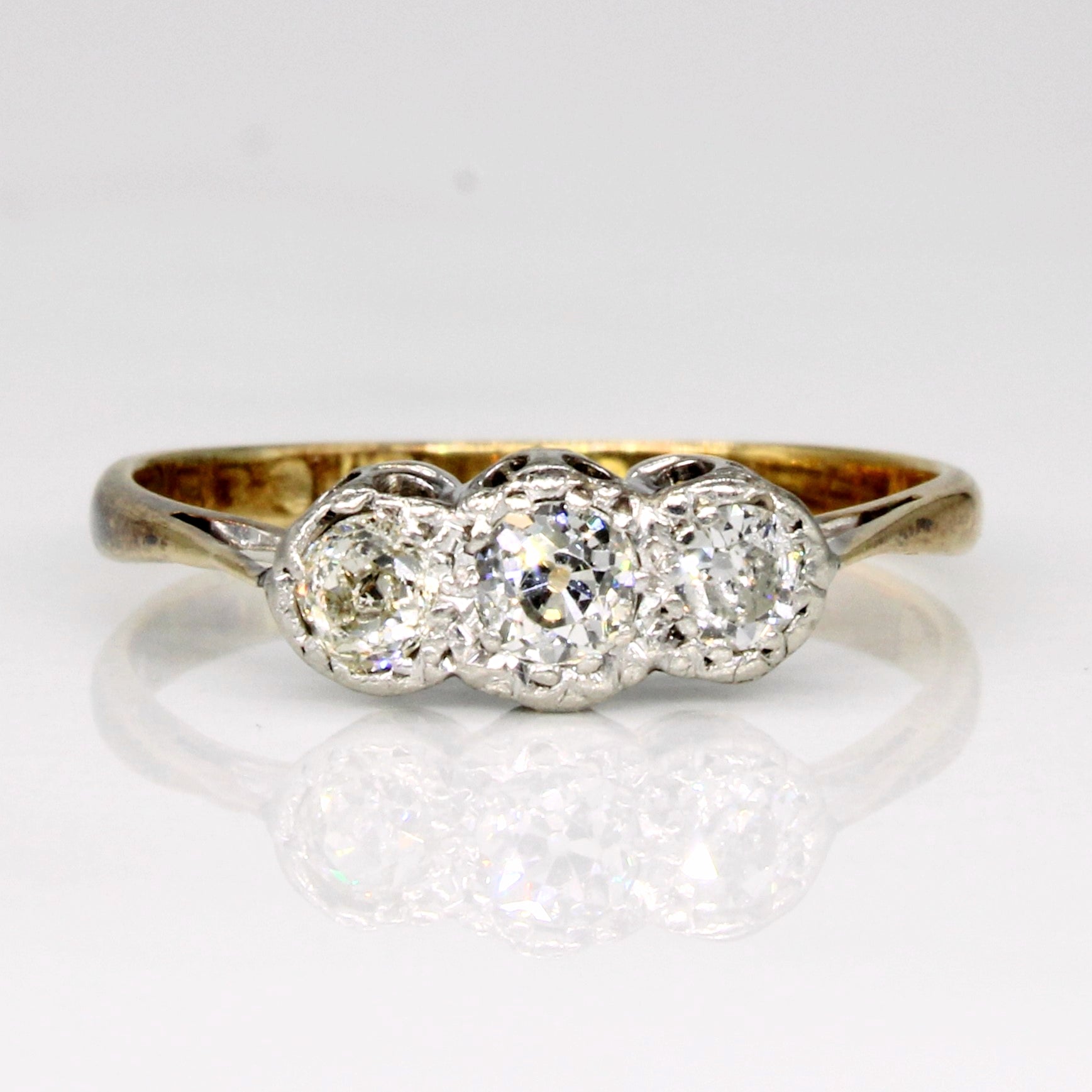 Art Deco Old European Cut Three Stone Diamond Ring in 18k with Platinum Setting | 0.38ctw | SZ 6.25 |