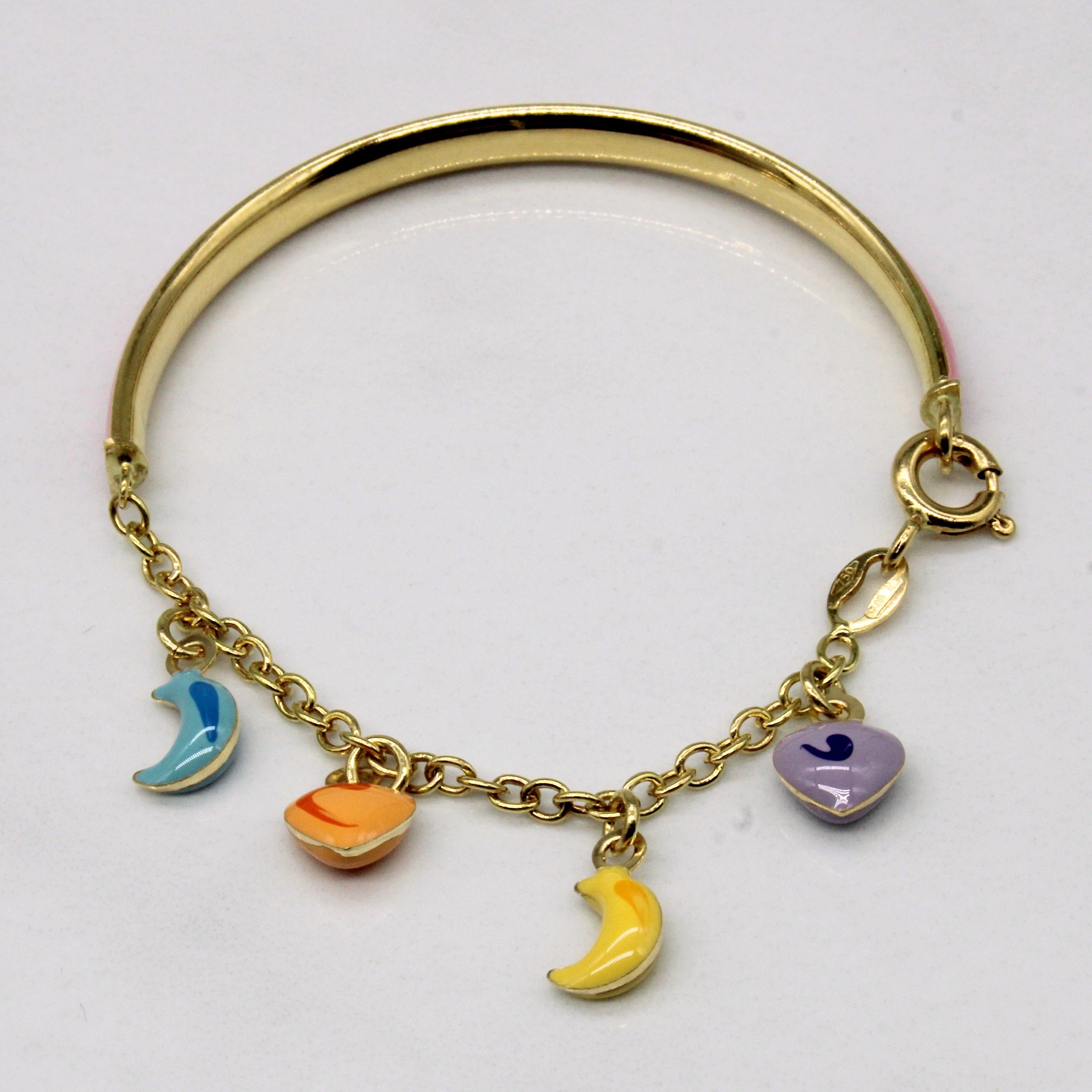 Bracelet en or jaune 18 carats émaillé lune et cœur | 12,7 cm | 