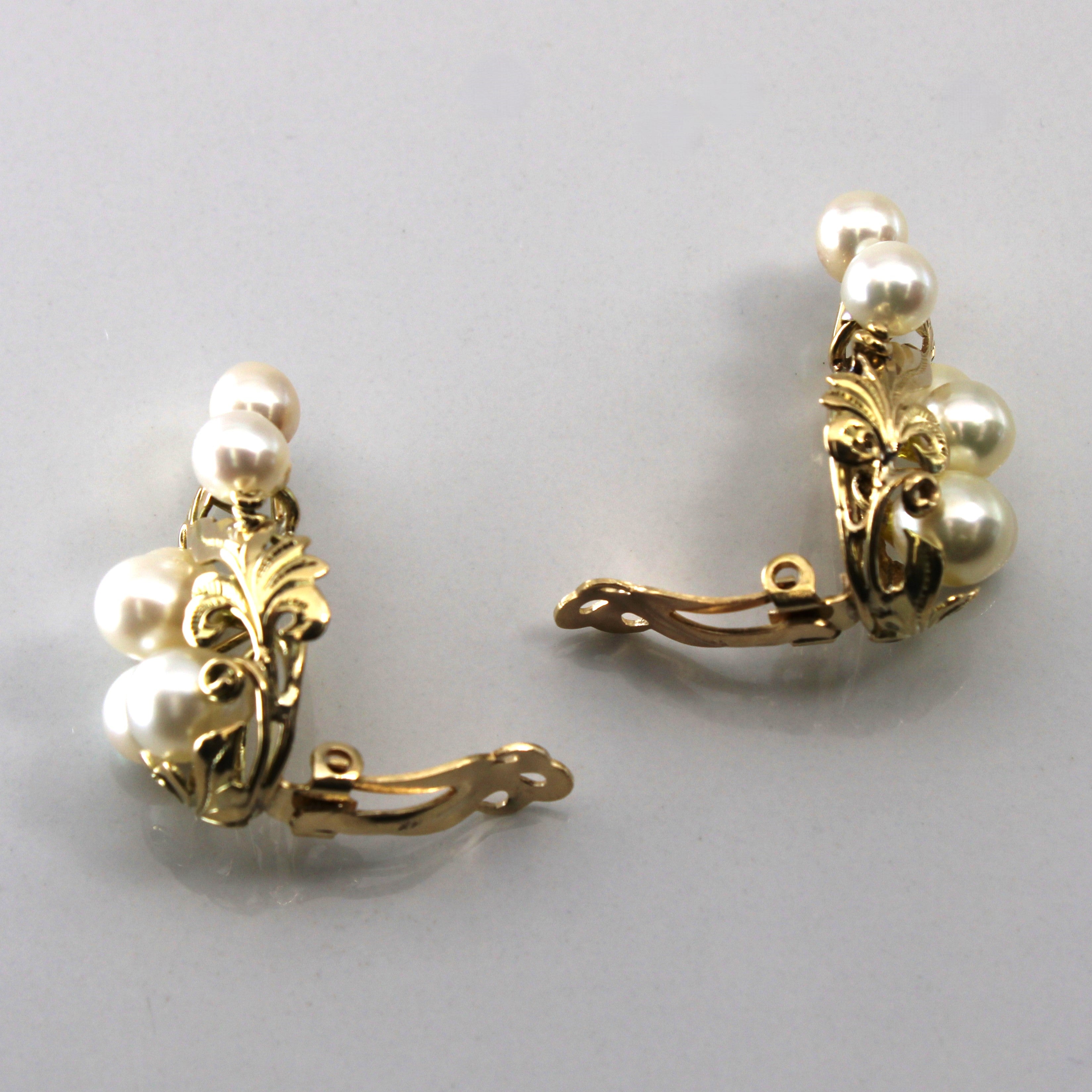 Multi Pearl Floral Gold Clip Earrings