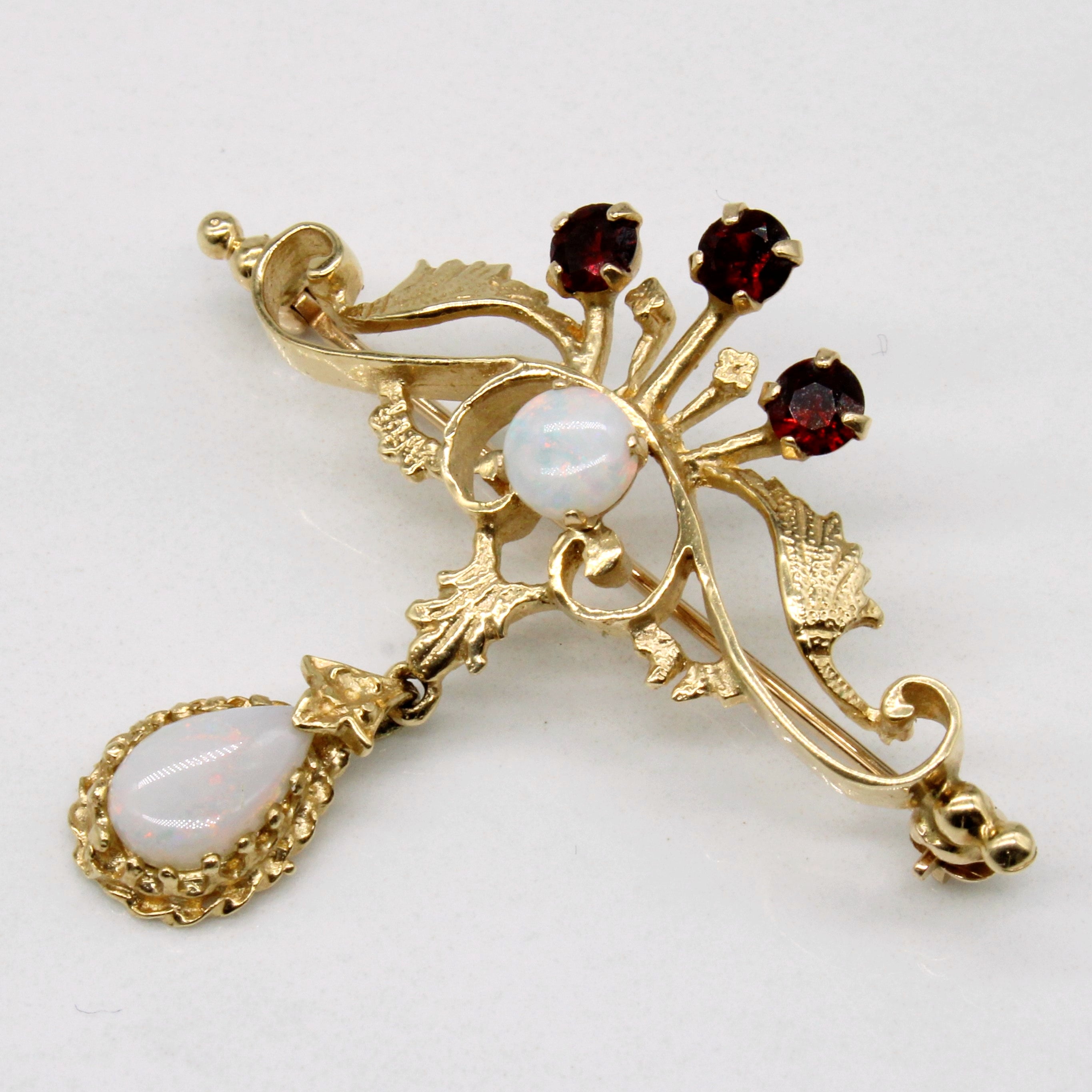 Garnet & Opal Dangling Ornate Brooch | 0.45ctw |