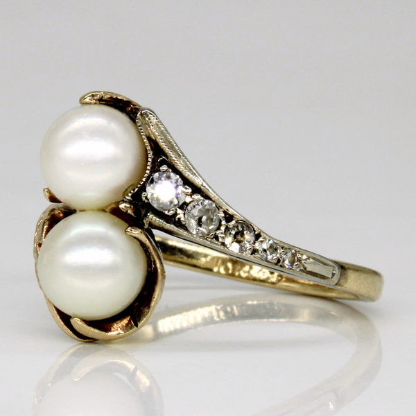 Antique Pearl & Old Cut Diamond Bypass Ring with Leaf Mofif  | 0.13ctw | SZ 7 |