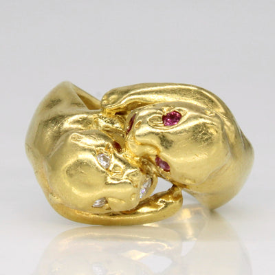 French Owl Hallmarked Vintage Ruby & Diamond Panther Ring | 0.08ctw, 0.07ctw | SZ 6 |