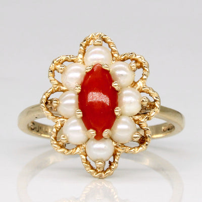 London 1970 Coral & Pearl Cocktail Ring | 0.50ct | SZ 6.5 |