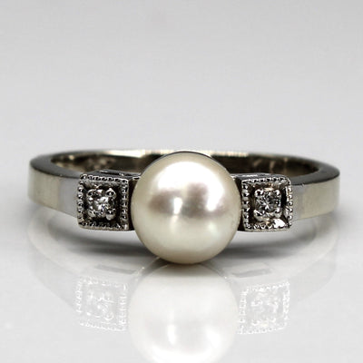 Three Stone Pearl & Diamond Ring | 0.03ctw | SZ 4.75 |