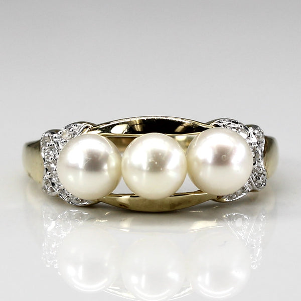 Three Stone Pearl & Diamond Ring | 0.05ctw | SZ 9.5 |