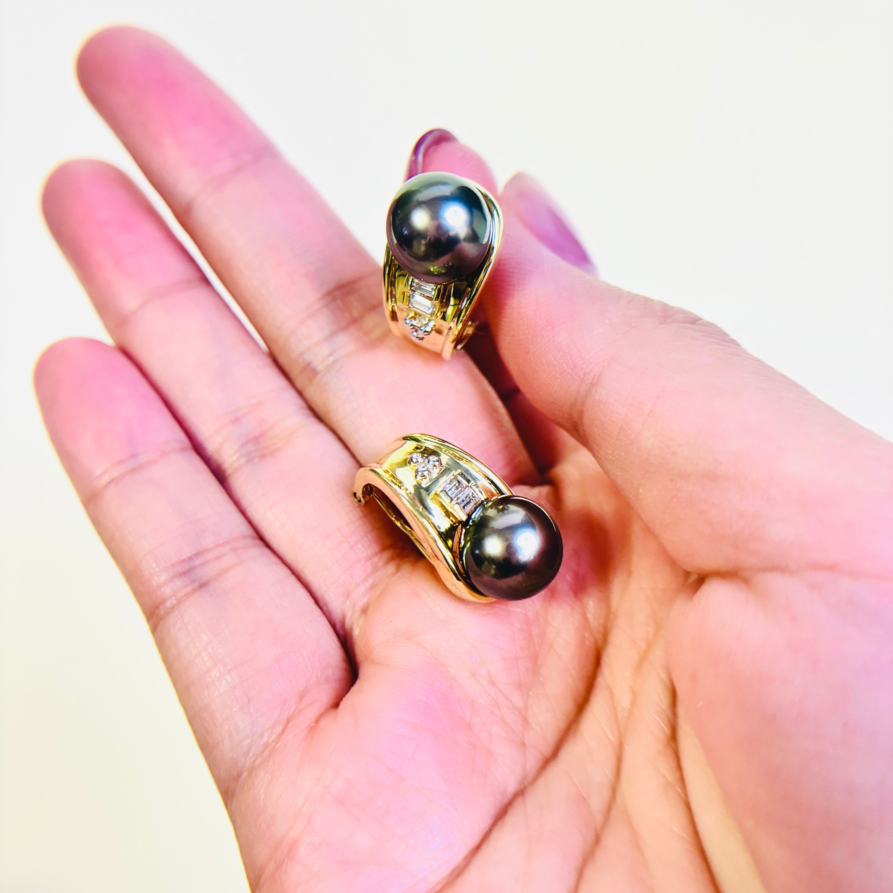 18K Yellow Gold Black South Sea Pearl & Diamond Earrings | 10.50-10.80mm, 0.23ctw