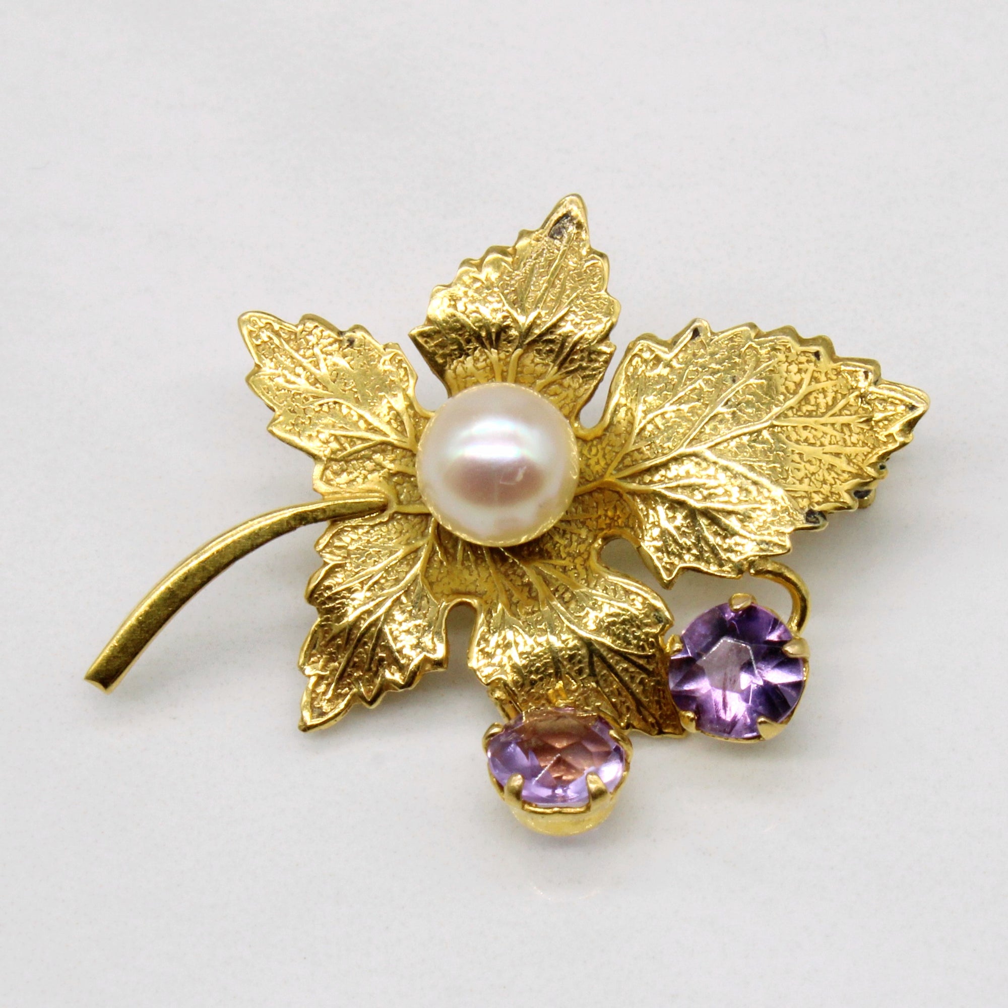 Pearl & Amethyst Leaf Brooch | 0.65ctw |