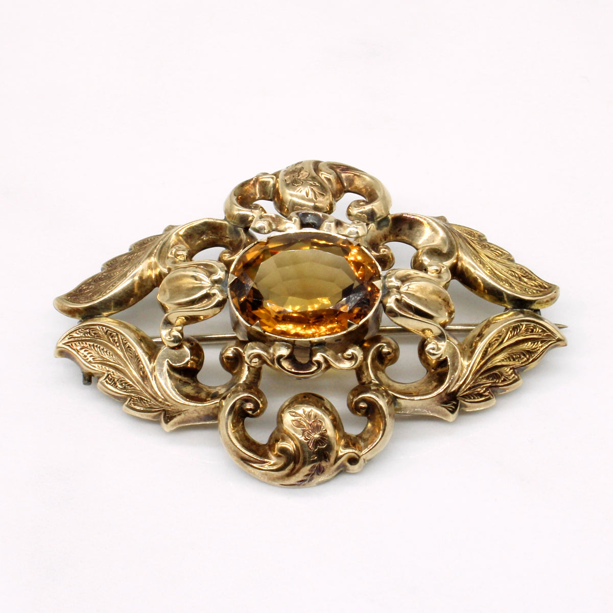 Grande Broche Vintage En Or Avec Cabochon Citrine - Bijou Ancien Rare, Occasion Superbe état