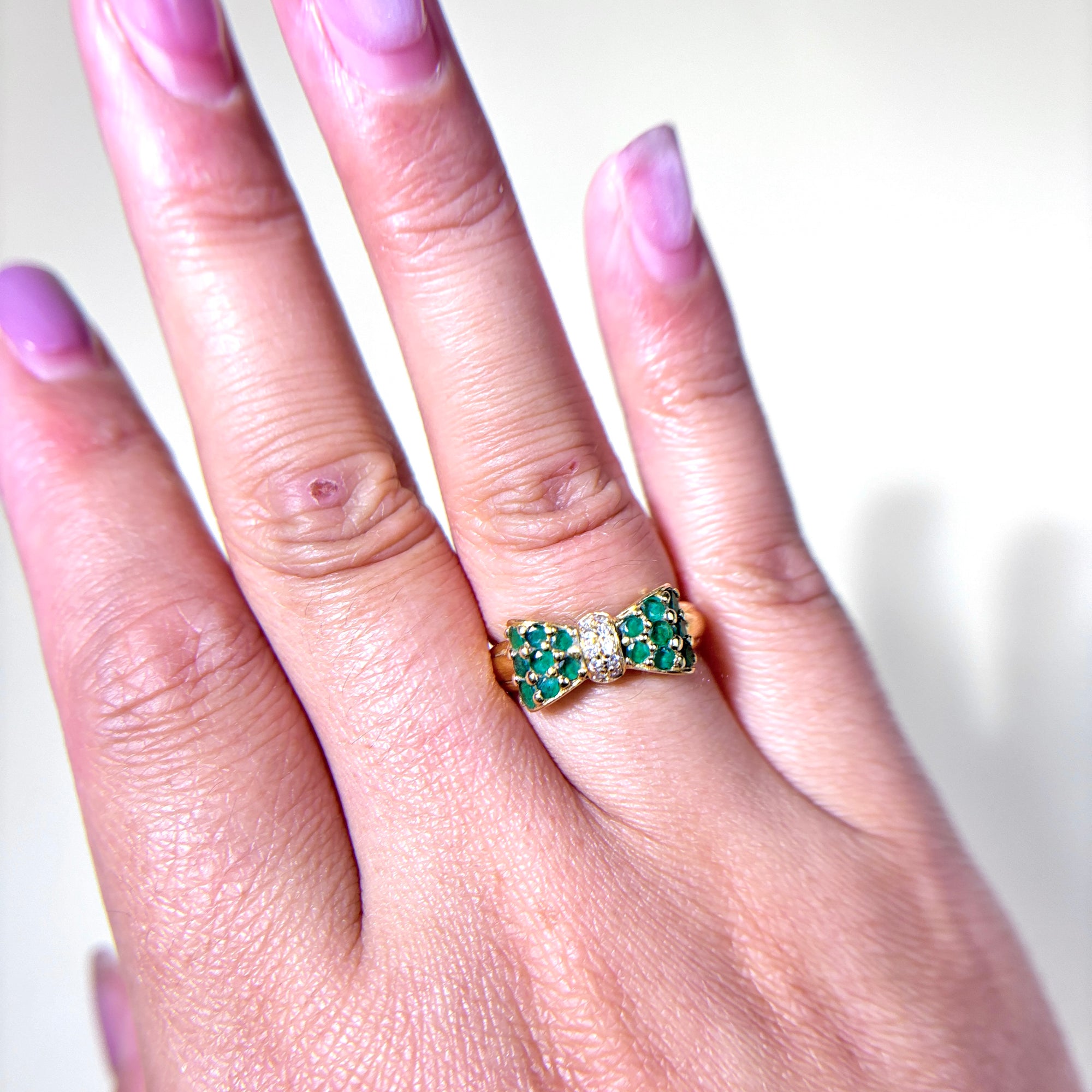 'Birks' Vintage 18k Yellow Gold Emerald & Diamond Bow Design Ring | 0.48ctw, 0.10ctw | SZ 6.25