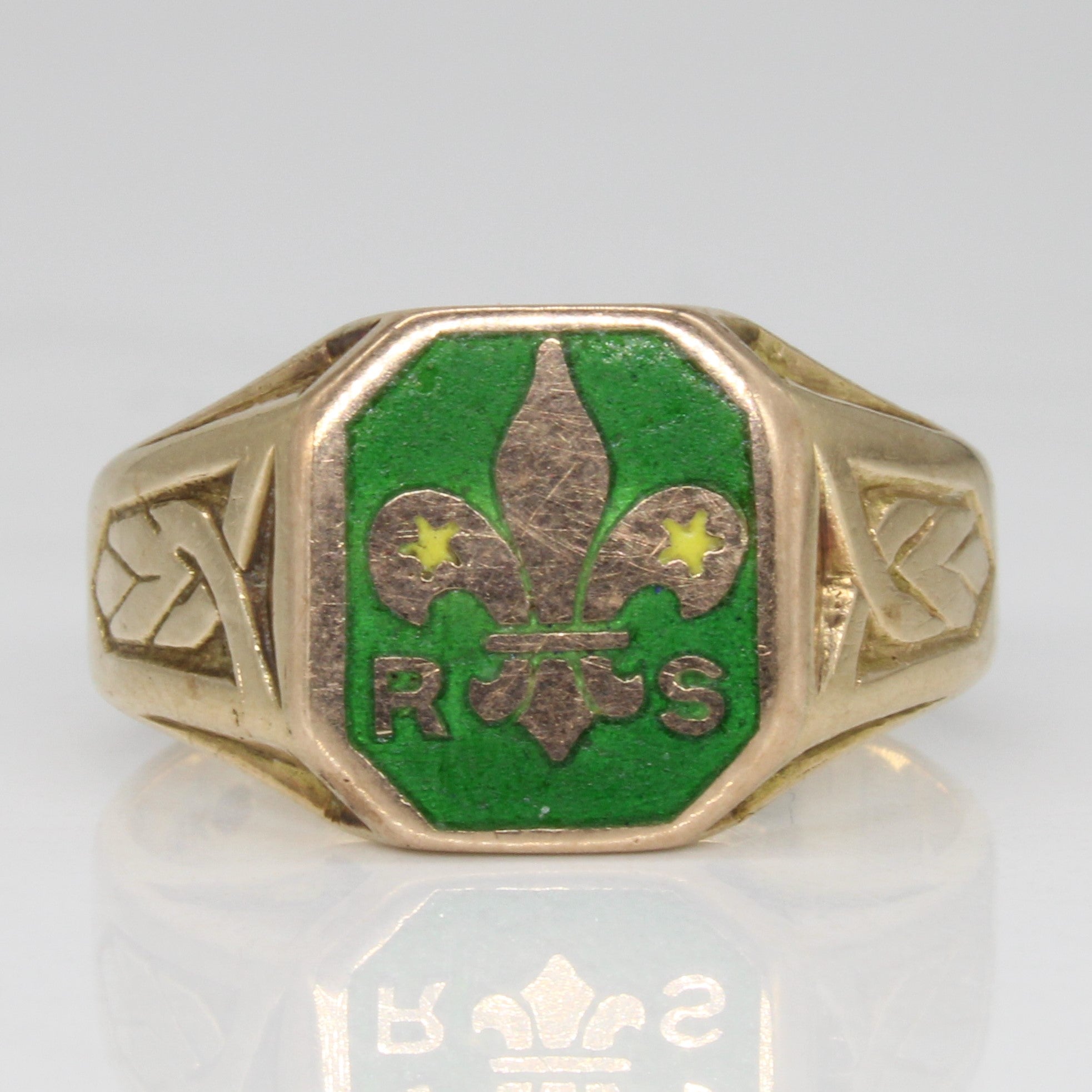 10k Yellow Gold Green Enamel Fleur De Lis Ring | SZ 8.25 |