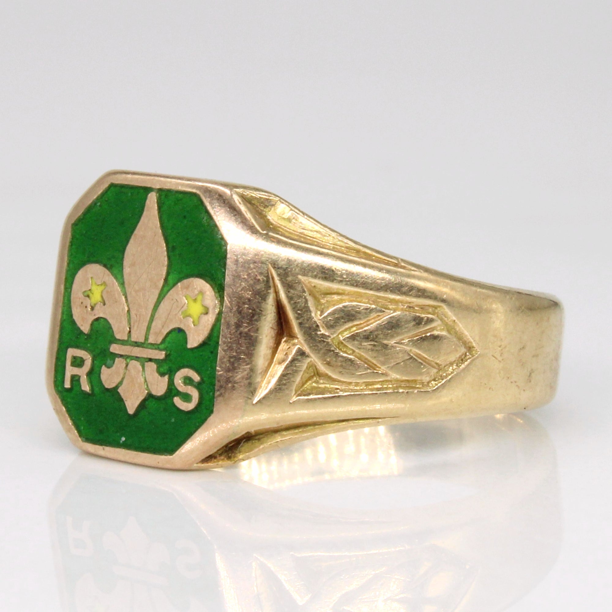 10k Yellow Gold Green Enamel Fleur De Lis Ring | SZ 8.25 |