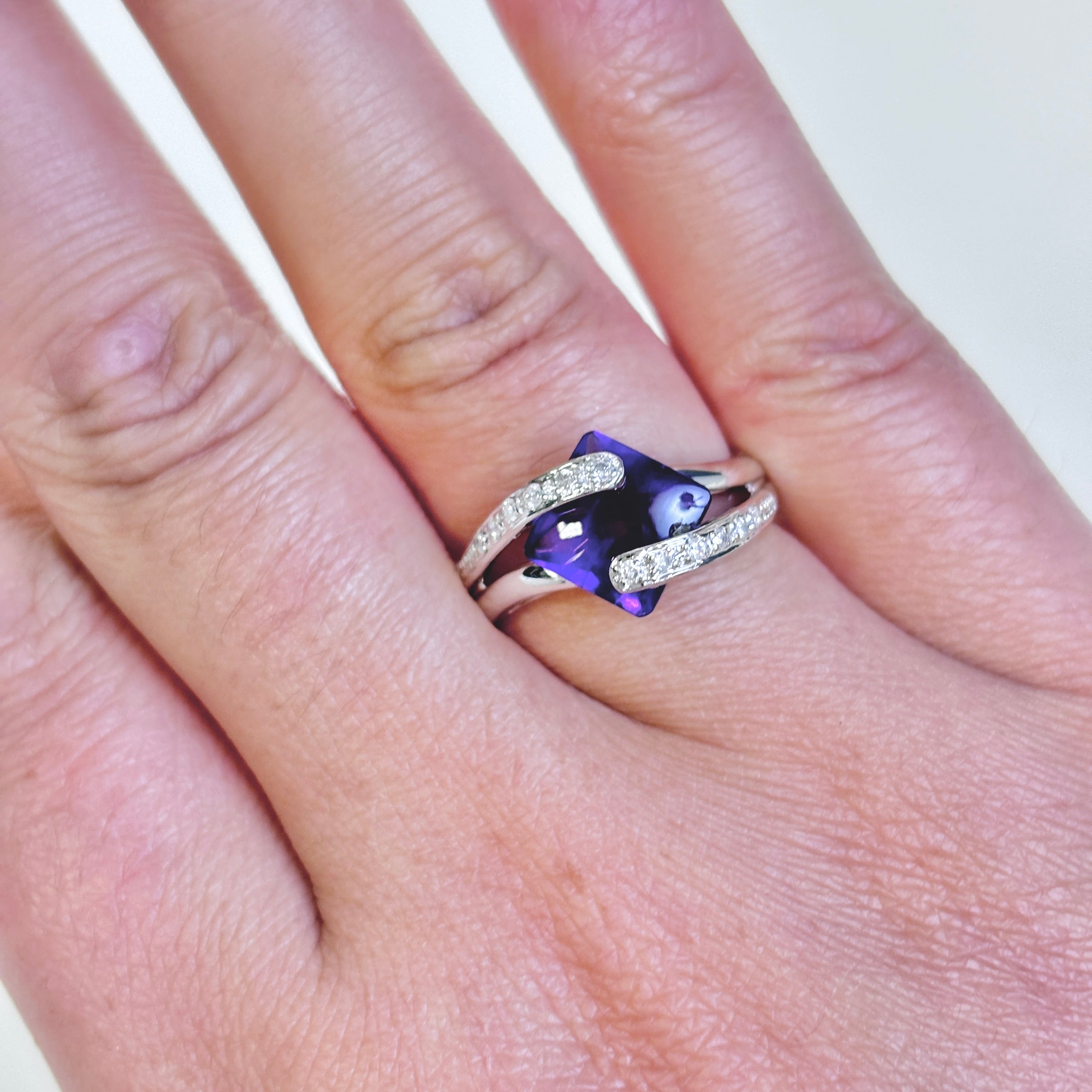 14k White Gold Amethyst & Diamond Earring & Ring Set | 6.00ctw, 0.29ctw | SZ 7