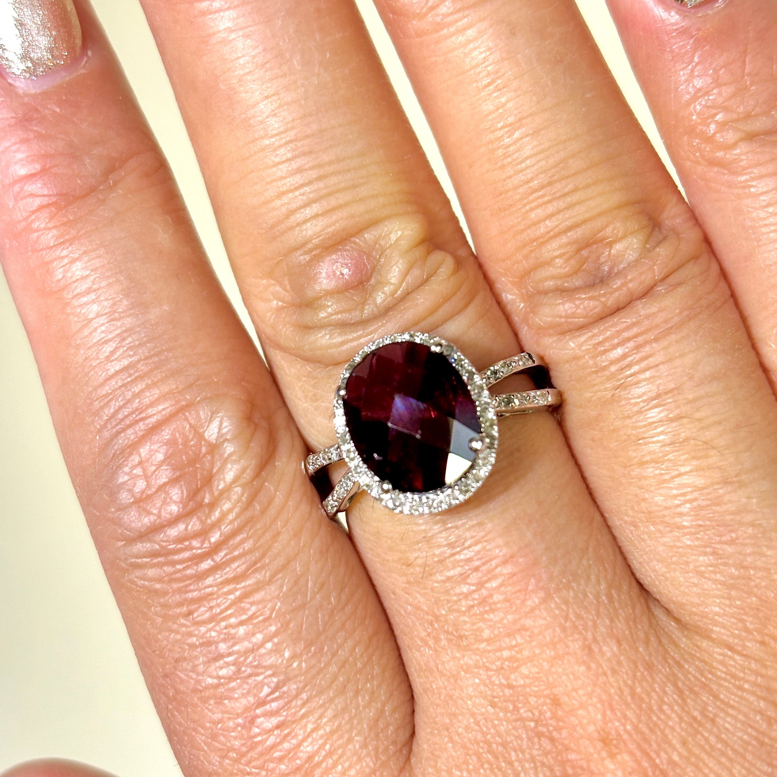 14k White Gold Garnet & Diamond Halo Ring | 3.32ct, 0.26ctw | SZ 7