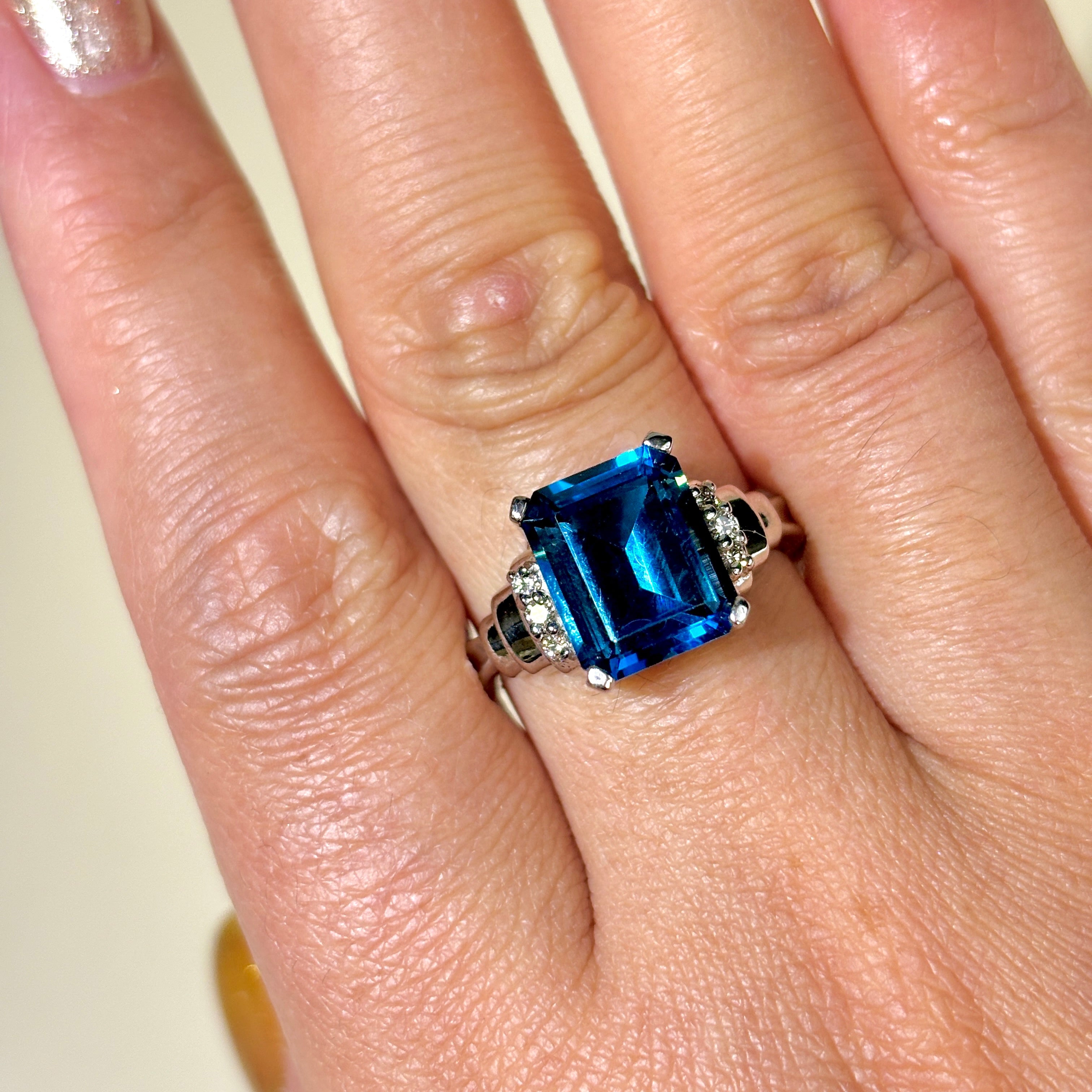 14k White Gold Blue Topaz & Diamond Ring | 5.85ct, 0.14ctw | SZ 8