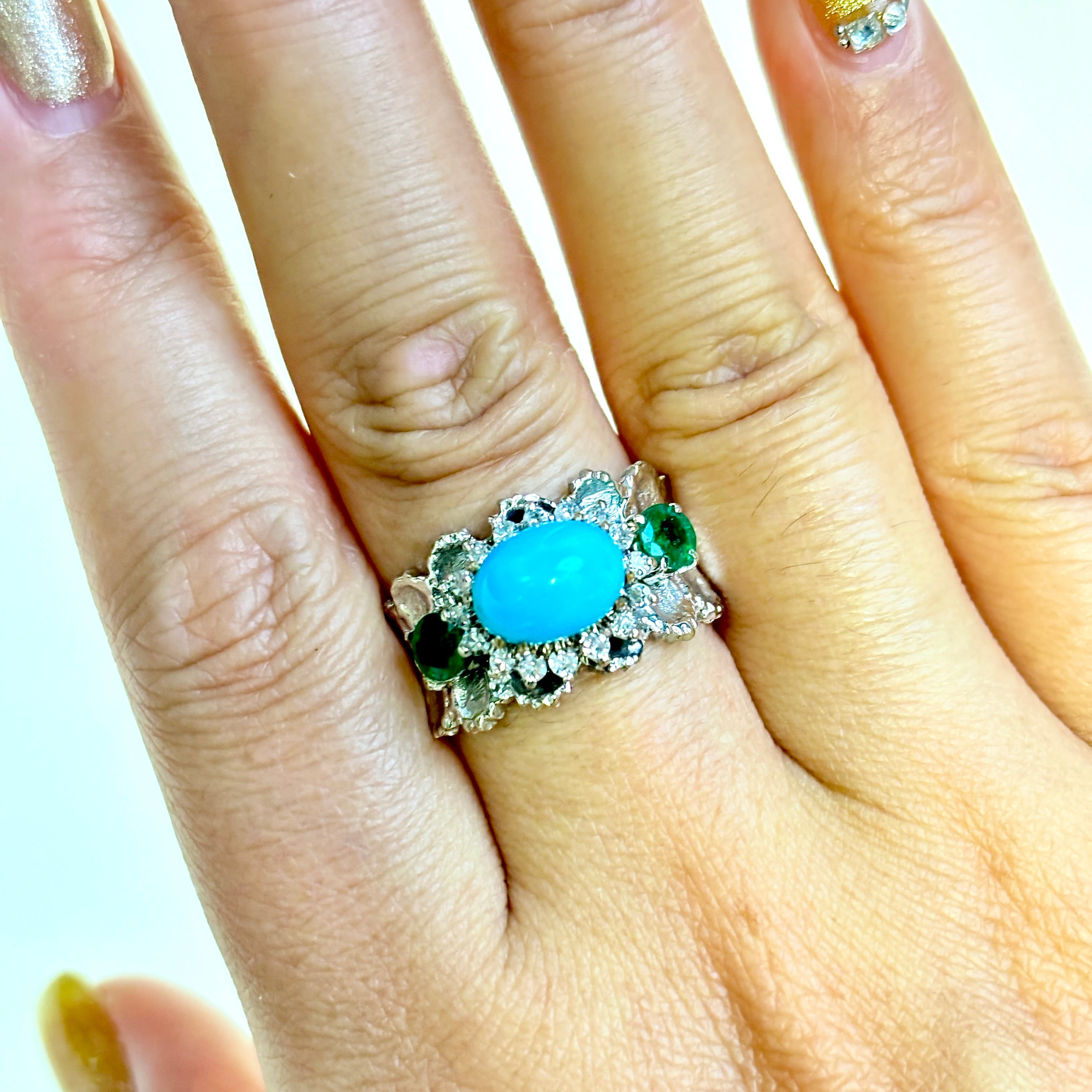 18k White Gold Turquoise, Emerald & Diamond Ring | 3.10ct, 0.47ctw, 0.28ctw | SZ 8.5