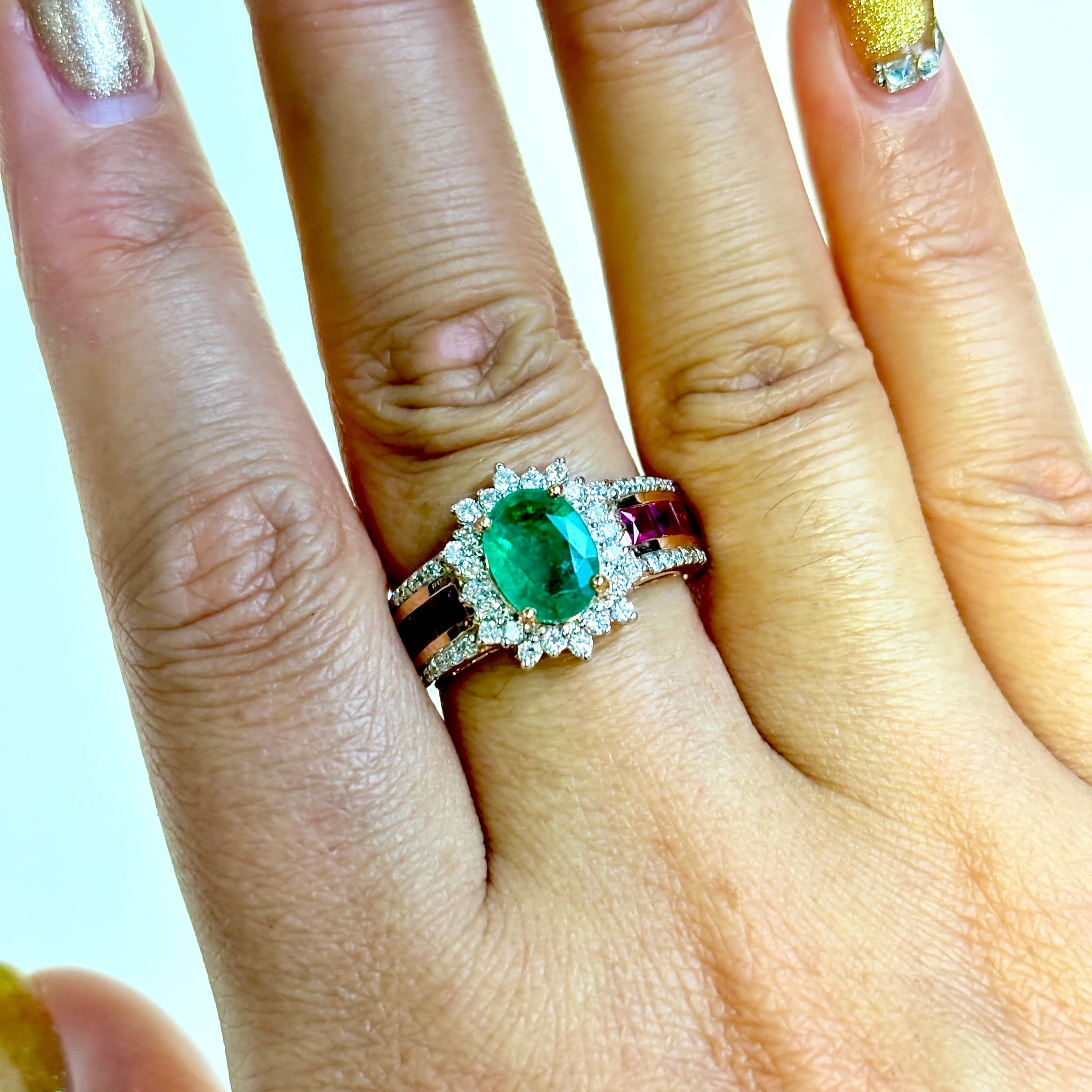 14k Rose Gold Emerald, Ruby & Diamond Ring | 1.33ct, 0.93ctw, 0.51ctw | SZ 8 |