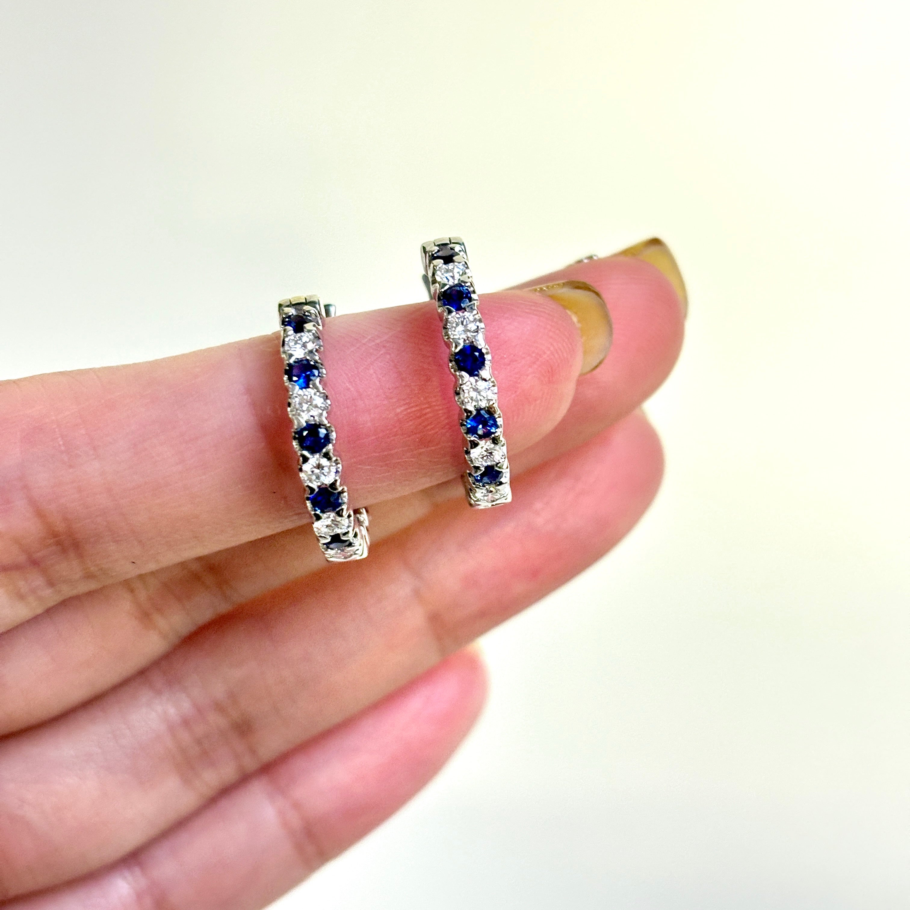 14k White Gold Sapphire & Diamond Hoop Earrings | 0.96ctw, 0.82ctw