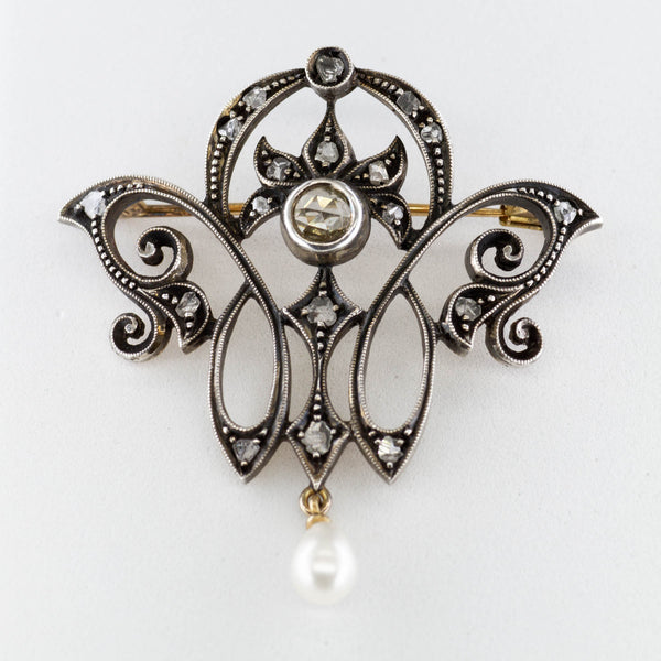 Art Nouveau Silver Topped Gold Brooch with Rose Cut Diamonds | 0.57 ctw |