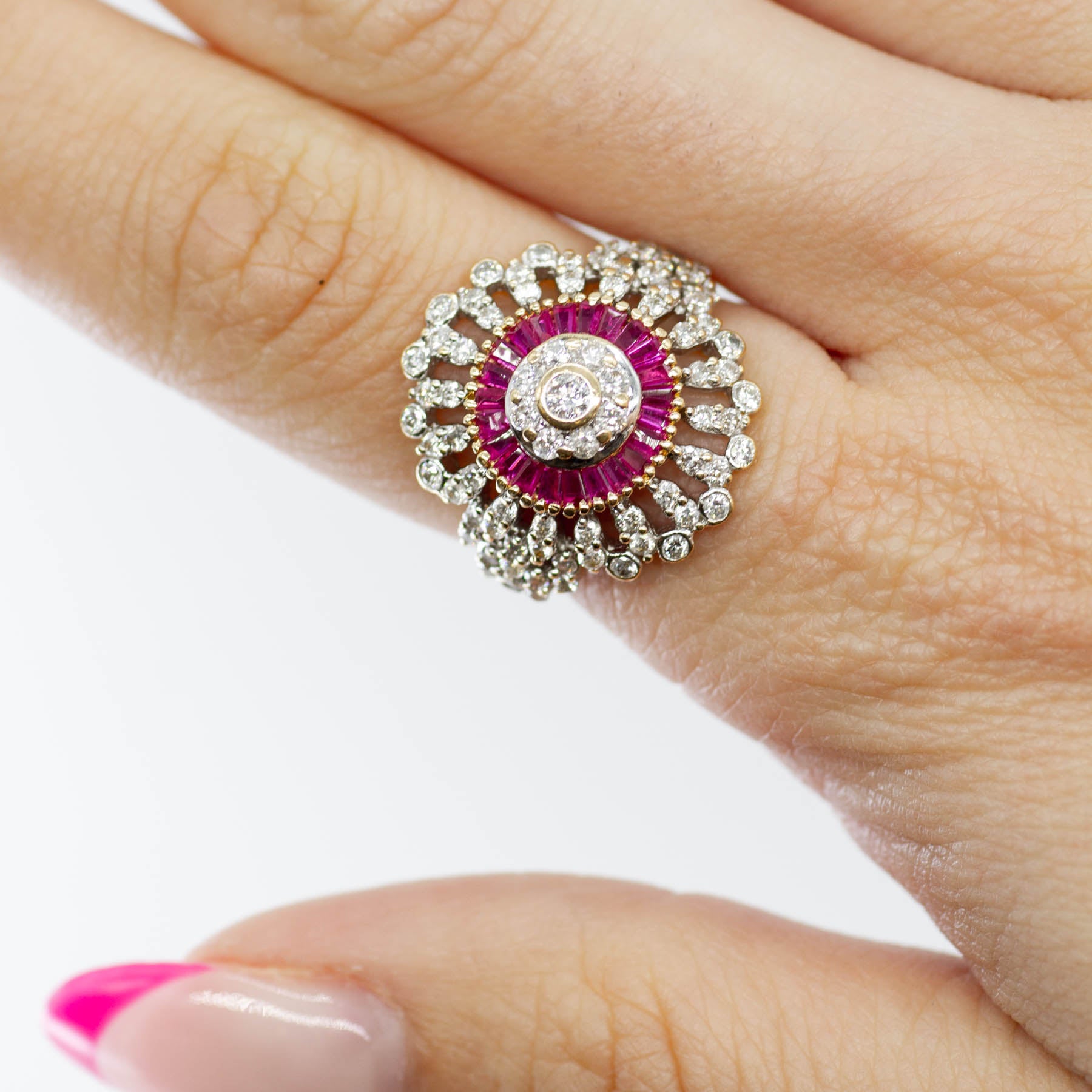Diamond and Ruby Halo Cocktail Ring | 0.65 ctw 0.46 ctw | SZ 6.25