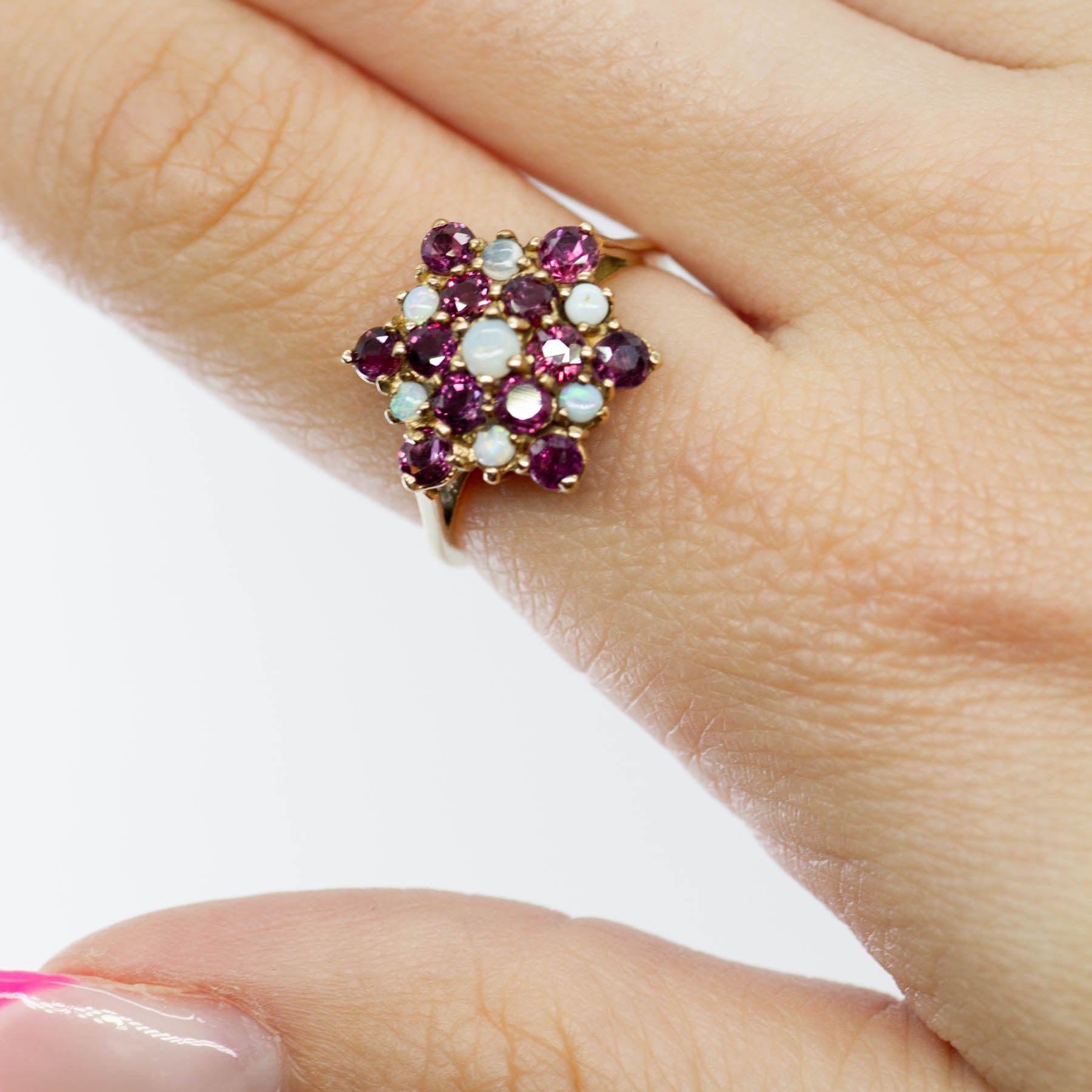 1979 London Hallmarked Ruby and Opal Cluster Ring | 1.32 ctw 0.32 ctw | SZ 7