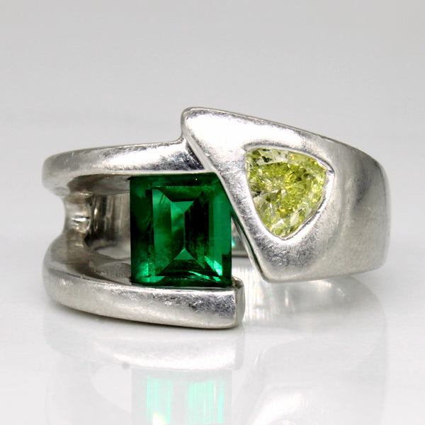 Platinum Synthetic Emerald & Yellow Diamond Abstract Ring | 1.00ct, 0.55ct | SZ 6.25 |