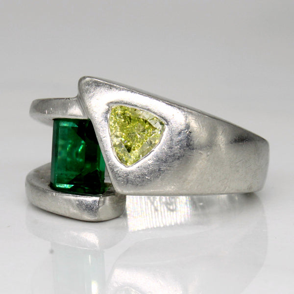 Platinum Synthetic Emerald & Yellow Diamond Abstract Ring | 1.00ct, 0.55ct | SZ 6.25 |