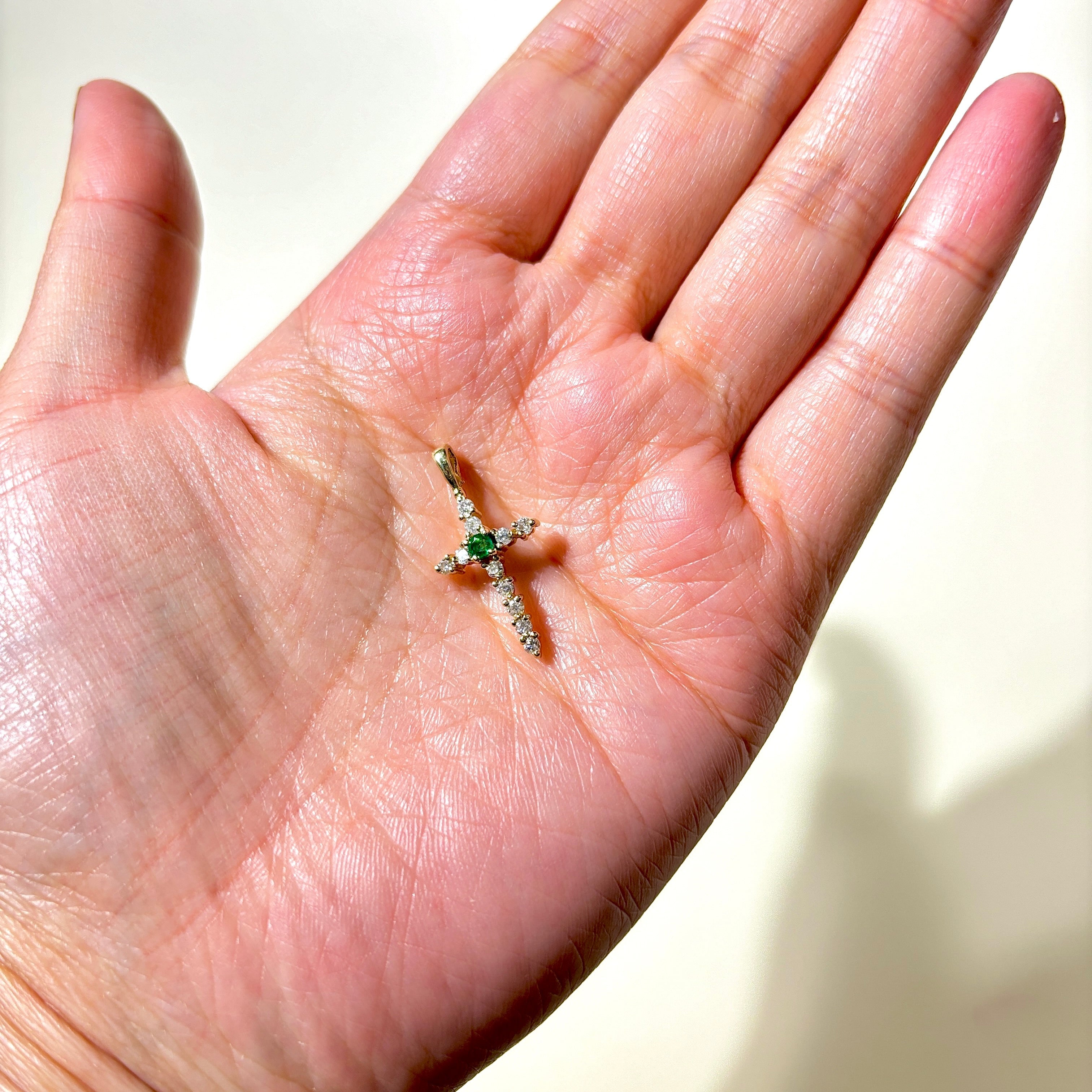 14K Yellow Gold Emerald & Diamond Cross Pendant | 0.05ct, 0.22ctw