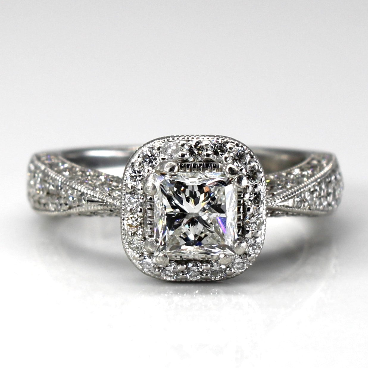 Bague de fiançailles en platine avec halo de diamants taille princesse certifiée GIA | 1,70 ct G VS1 | Taille 5,5 | 