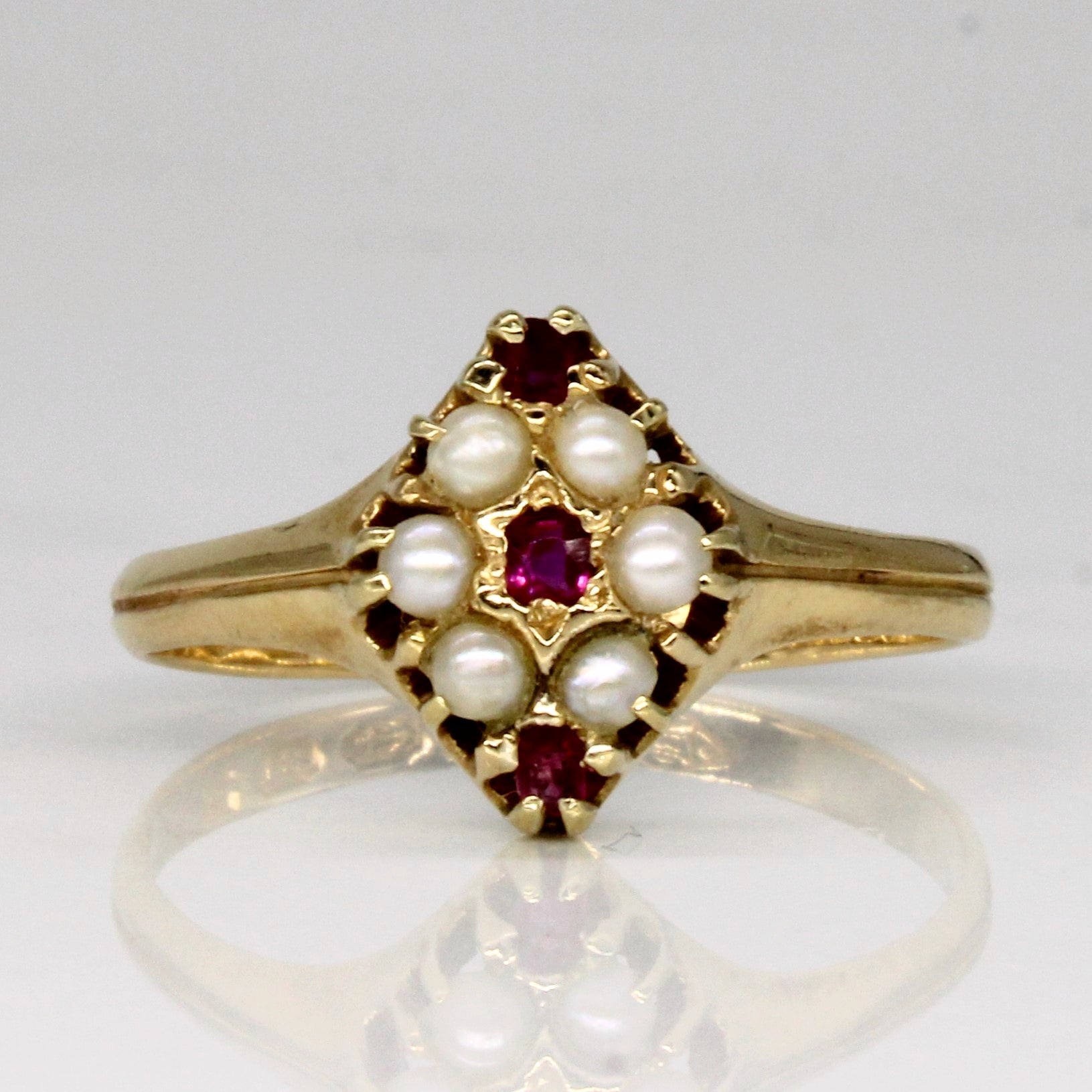 1871 Victorian Ruby & Pearl Ring | 0.18ctw | SZ 8.25 |