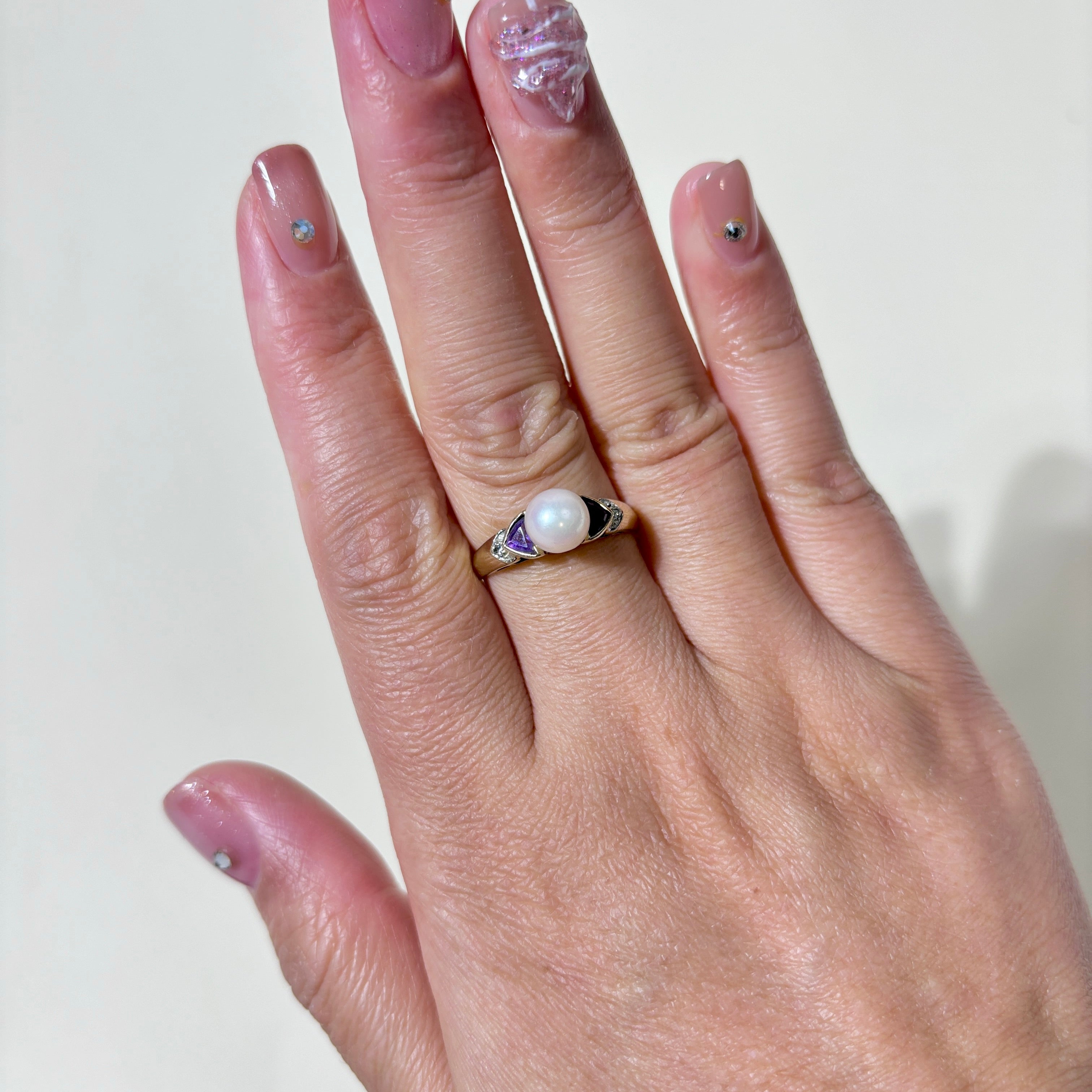 10K Yellow Gold Pearl & Amethyst Ring | 7mm, 0.44ctw, 0.01ctw | SZ 8.25 |