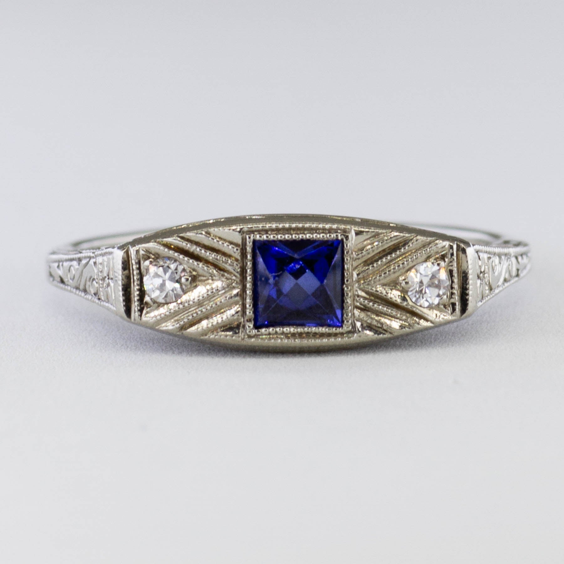 Art Deco Synthetic Sapphire & Diamond Ring | 0.23ct, 0.06ctw | SZ 7.25 |