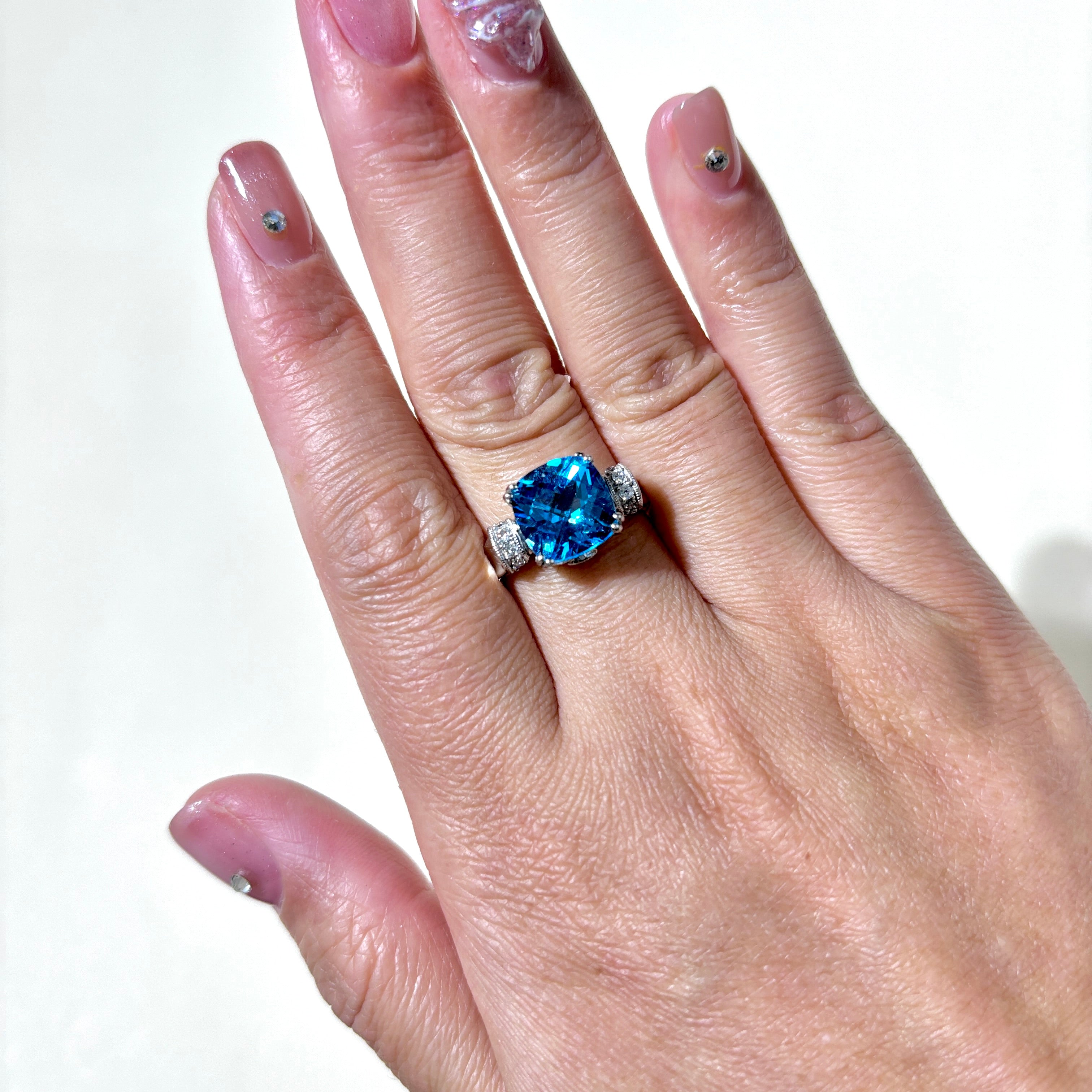 14K White Gold Blue Topaz & Diamond Ring | 4.67ctw, 0.08ctw | SZ 7.75 |