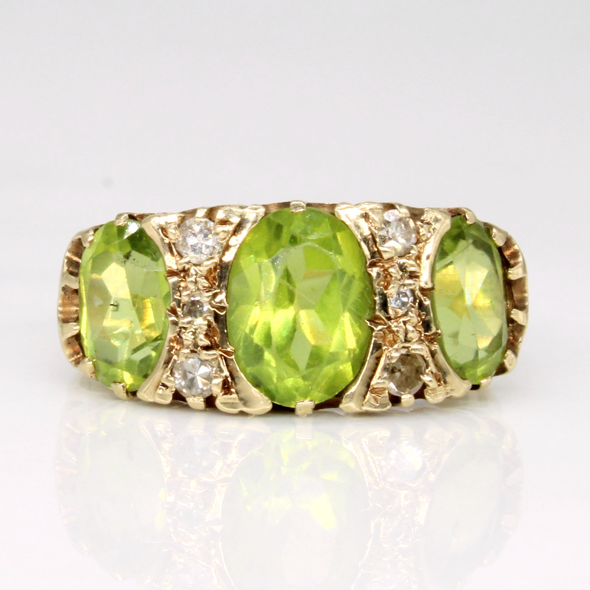 Vintage Oval Peridot & Diamond Three Stone Ring | 3.00ctw, 0.11ctw | SZ 6.5 |