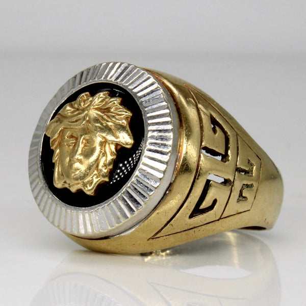 Two Tone 10k Gold and Onyx Medusa Head Signet Ring | SZ 10.75 |