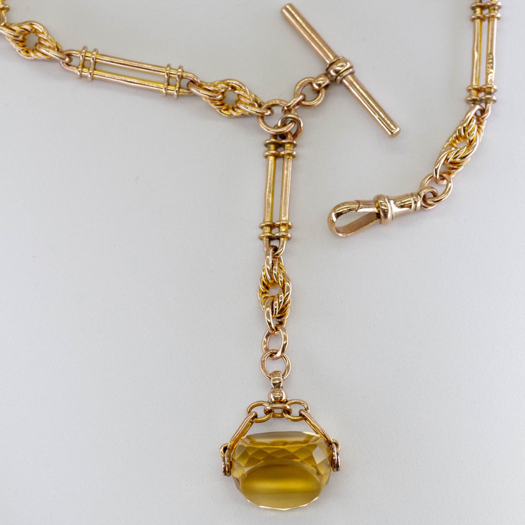 1883 Hallmarked 9k Yellow Gold Watch Fob Chain with Citrine Seal Fob | 11"