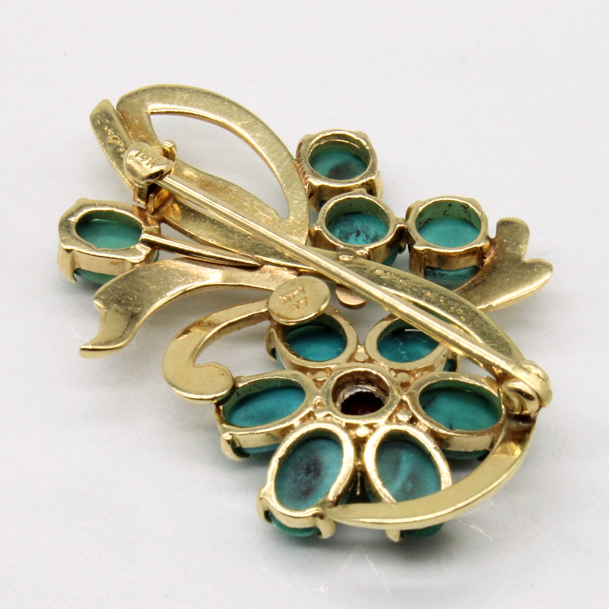 Turquoise & Ruby Floral Brooch | 5.50ctw, 0.20ct |