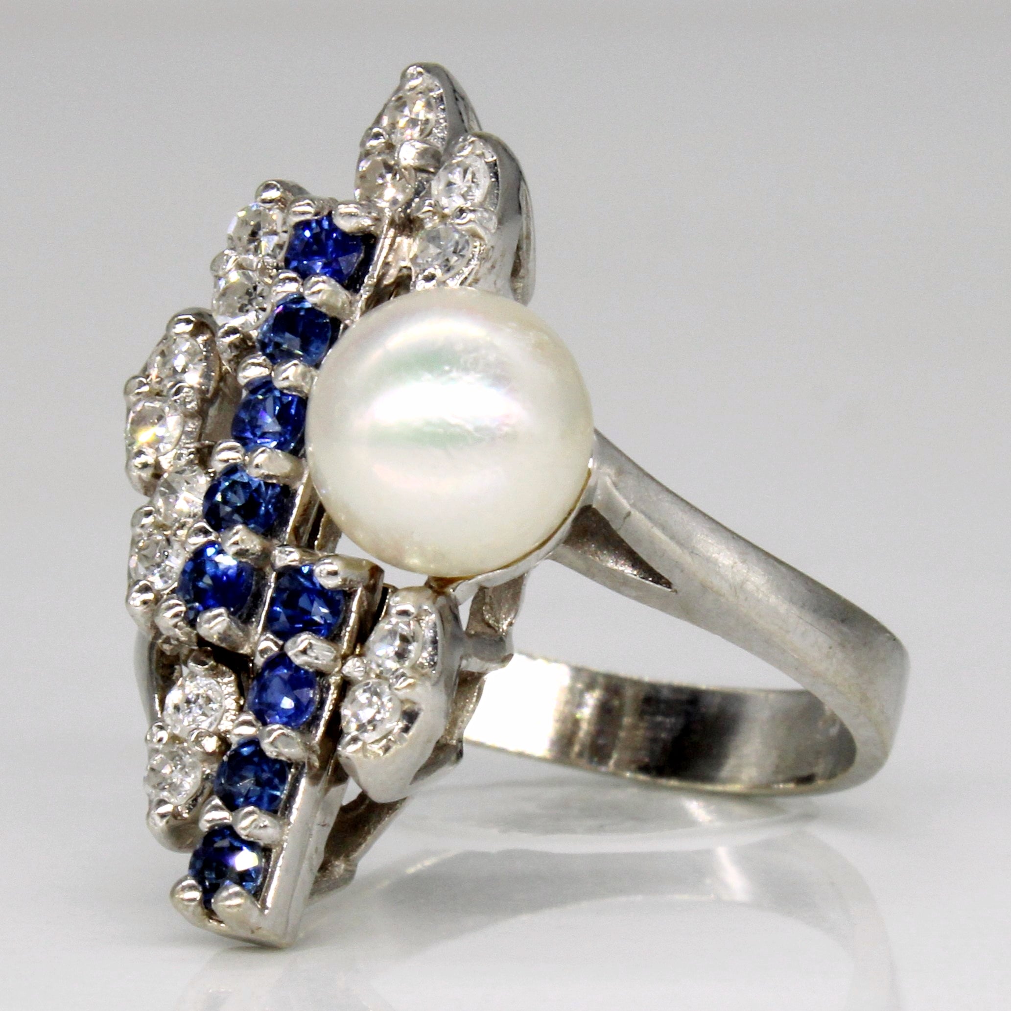 Sapphire, Pearl & Diamond Cocktail Ring | 0.32ctw, 0.18ctw  | SZ 6.5 |