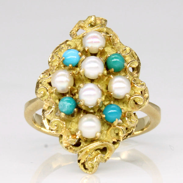 Turquoise & Pearl Cocktail Ring | 0.20ctw | SZ 5.5 |