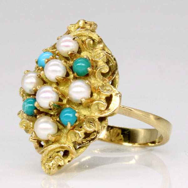 Turquoise & Pearl Cocktail Ring | 0.20ctw | SZ 5.5 |