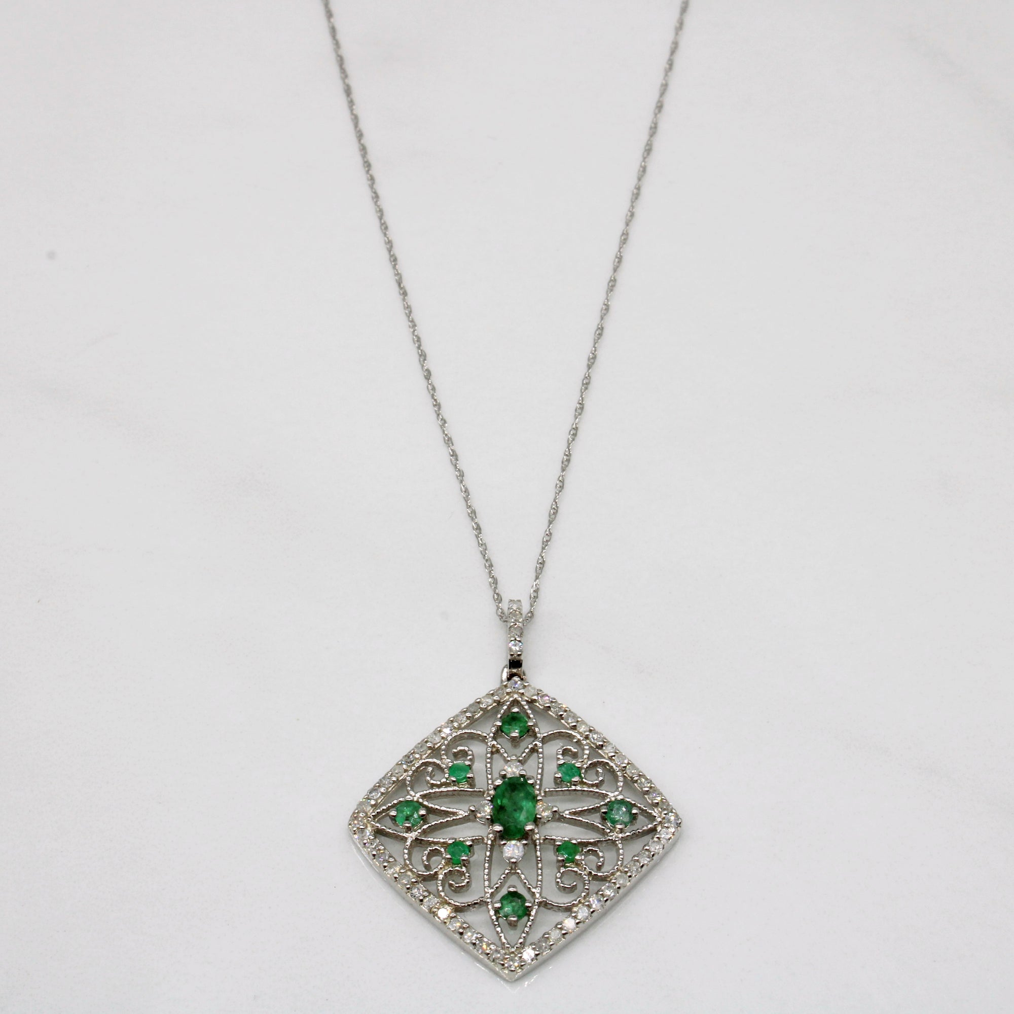 Diamond & Emerald Lattice Pendant & Necklace | 0.35ctw, 0.14ctw | 18